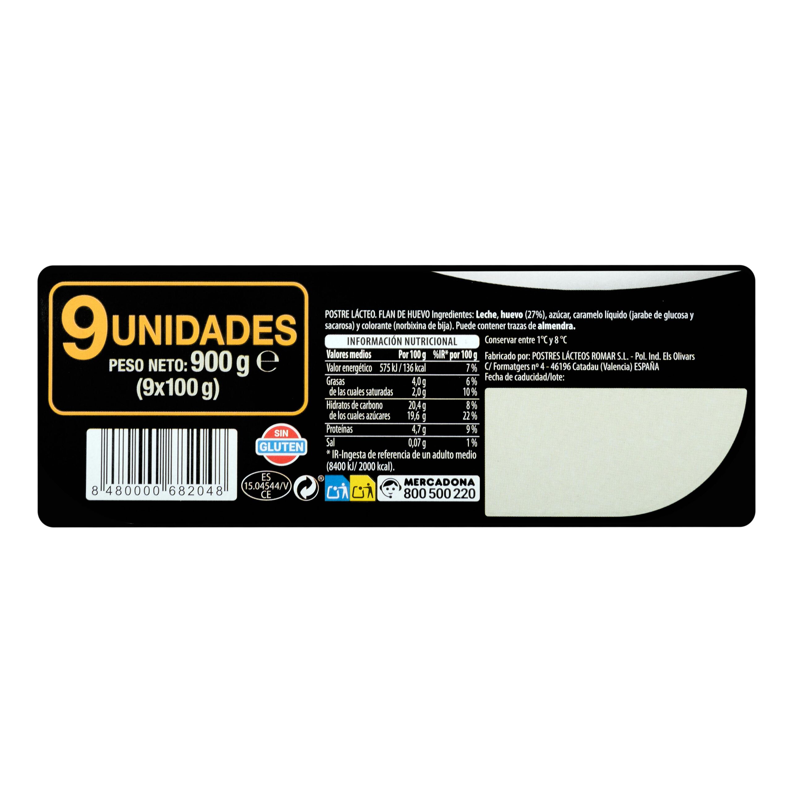 Etiqueta Flan de huevo Hacendado al baño María