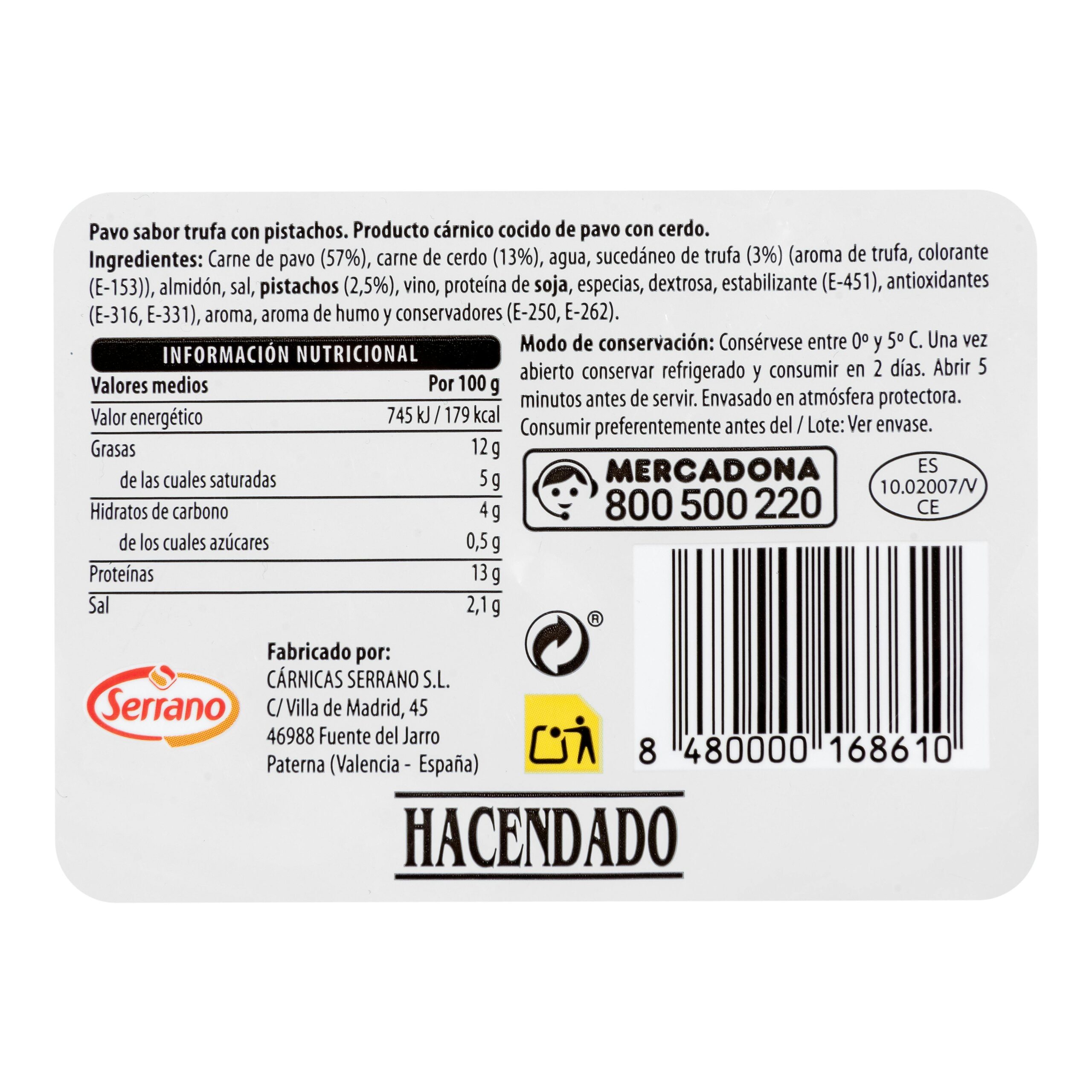 Etiqueta Galantina con pistacho y trufa Hacendado finas lonchas