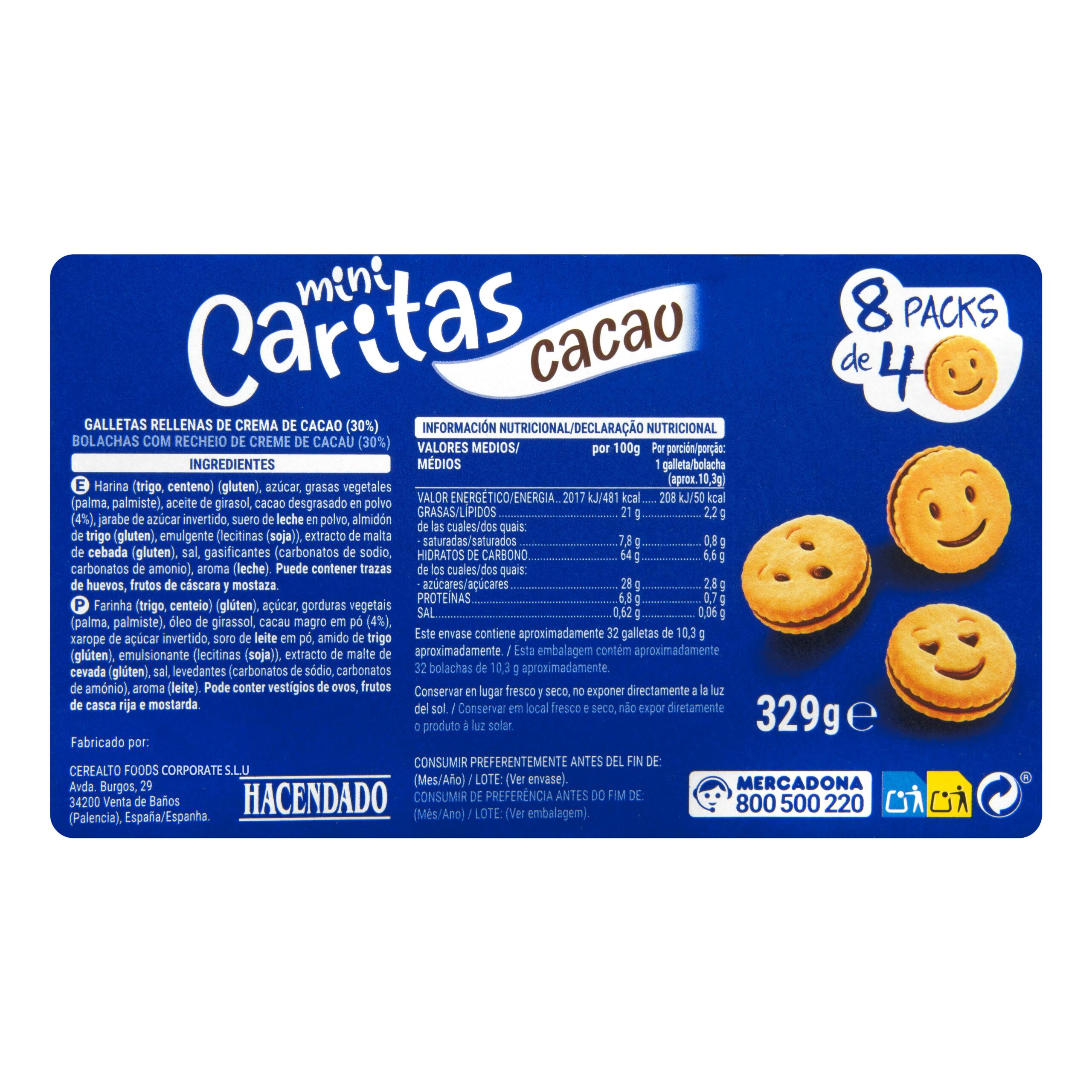 Etiqueta Galletas mini caritas Hacendado con crema de cacao
