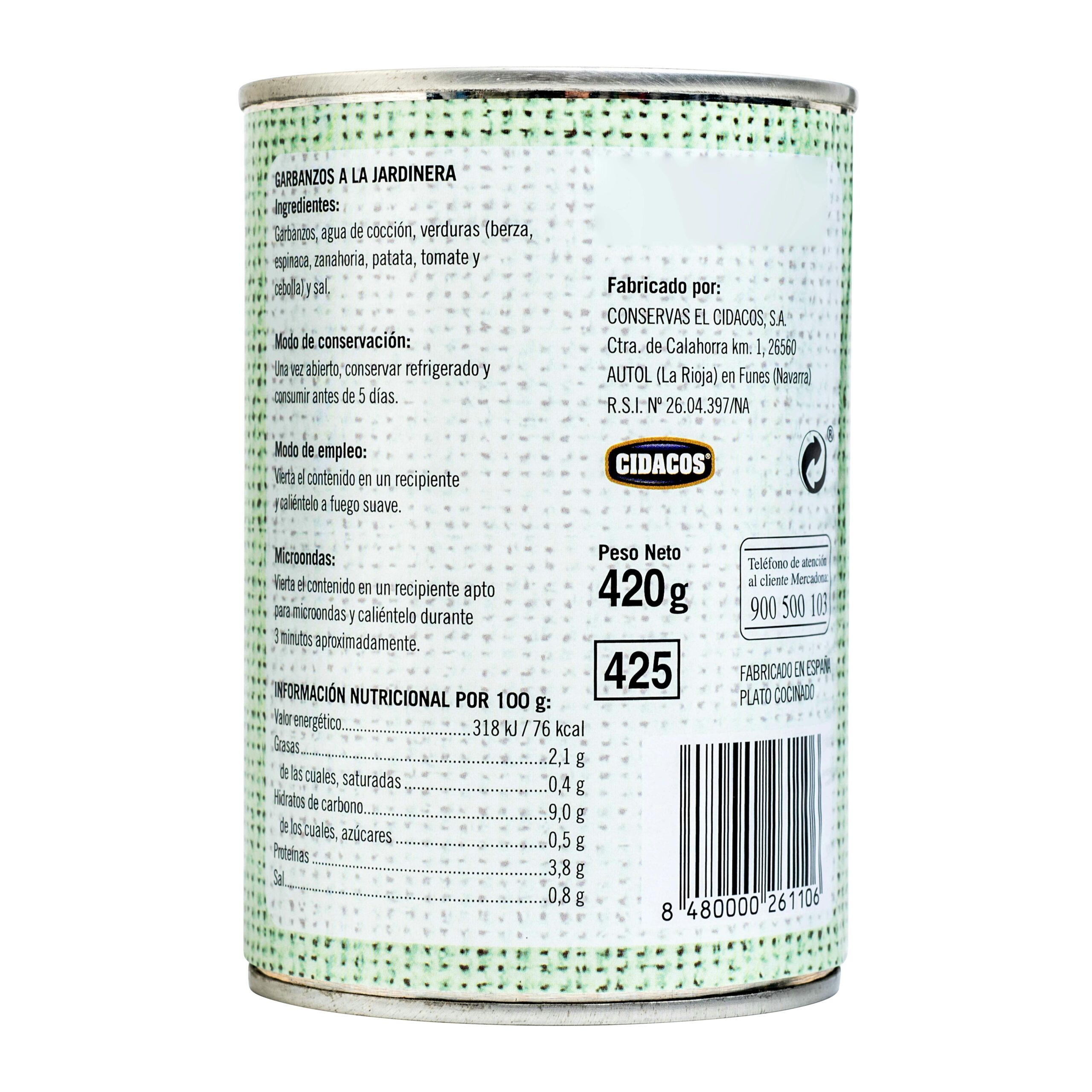 Etiqueta Garbanzos a la jardinera Hacendado