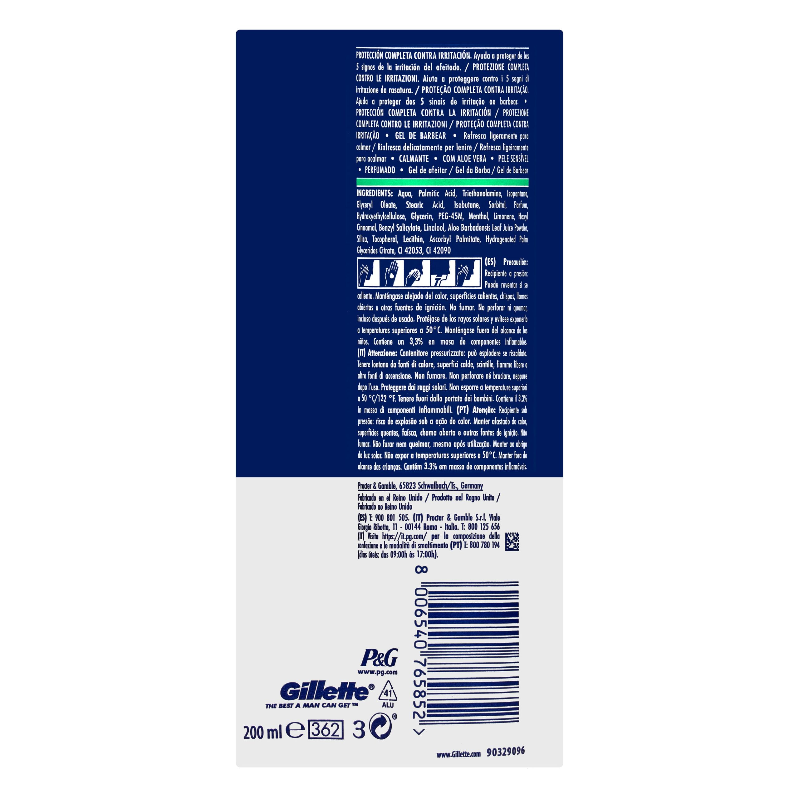 Etiqueta Gel de afeitar piel sensible Gillette con aloe vera