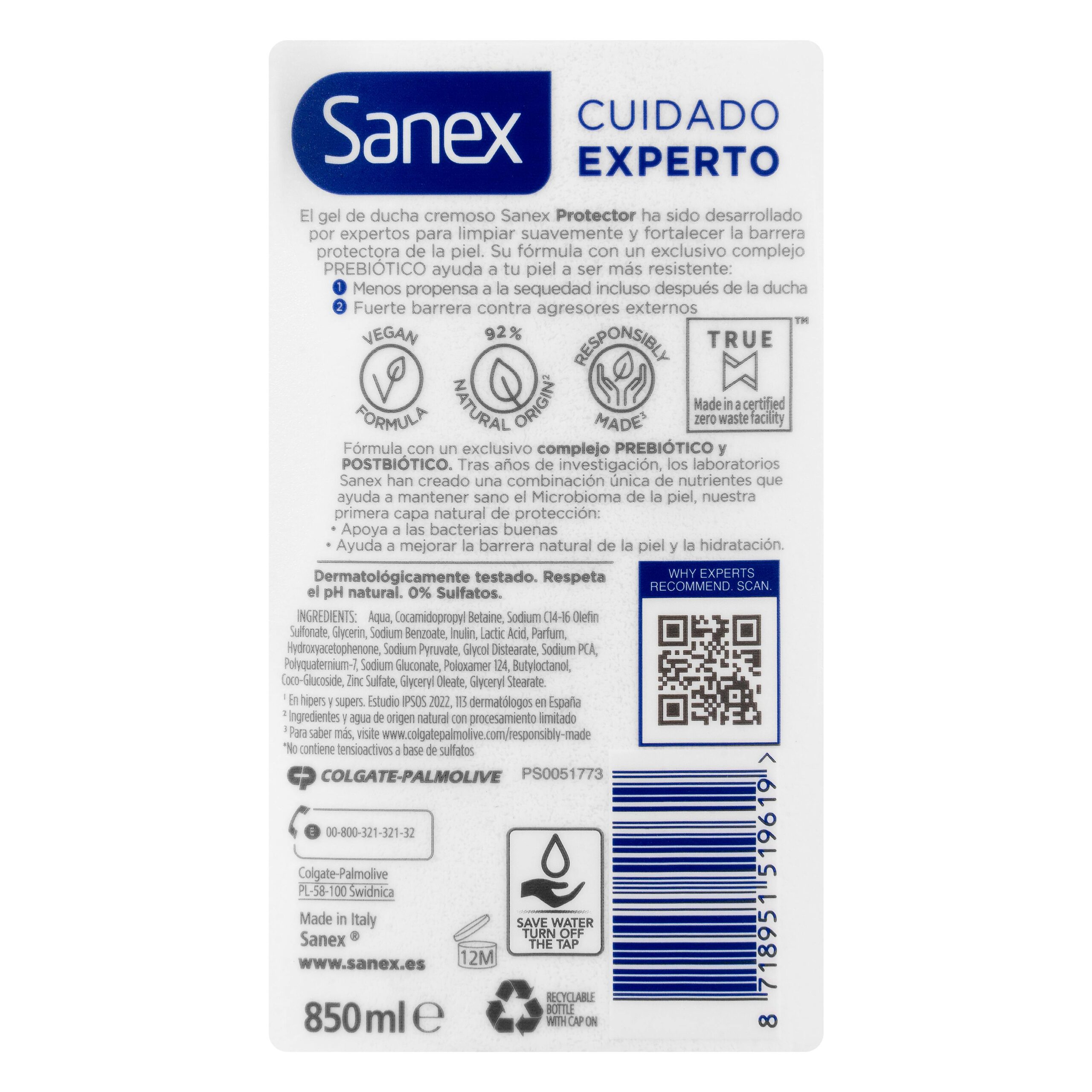 Etiqueta Gel de baño Hidratante y protector Sanex para todo tipo de piel