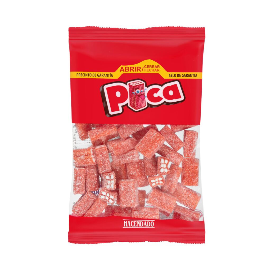 Golosinas ladrillos con pica Hacendado sabor fresa y nata ácida