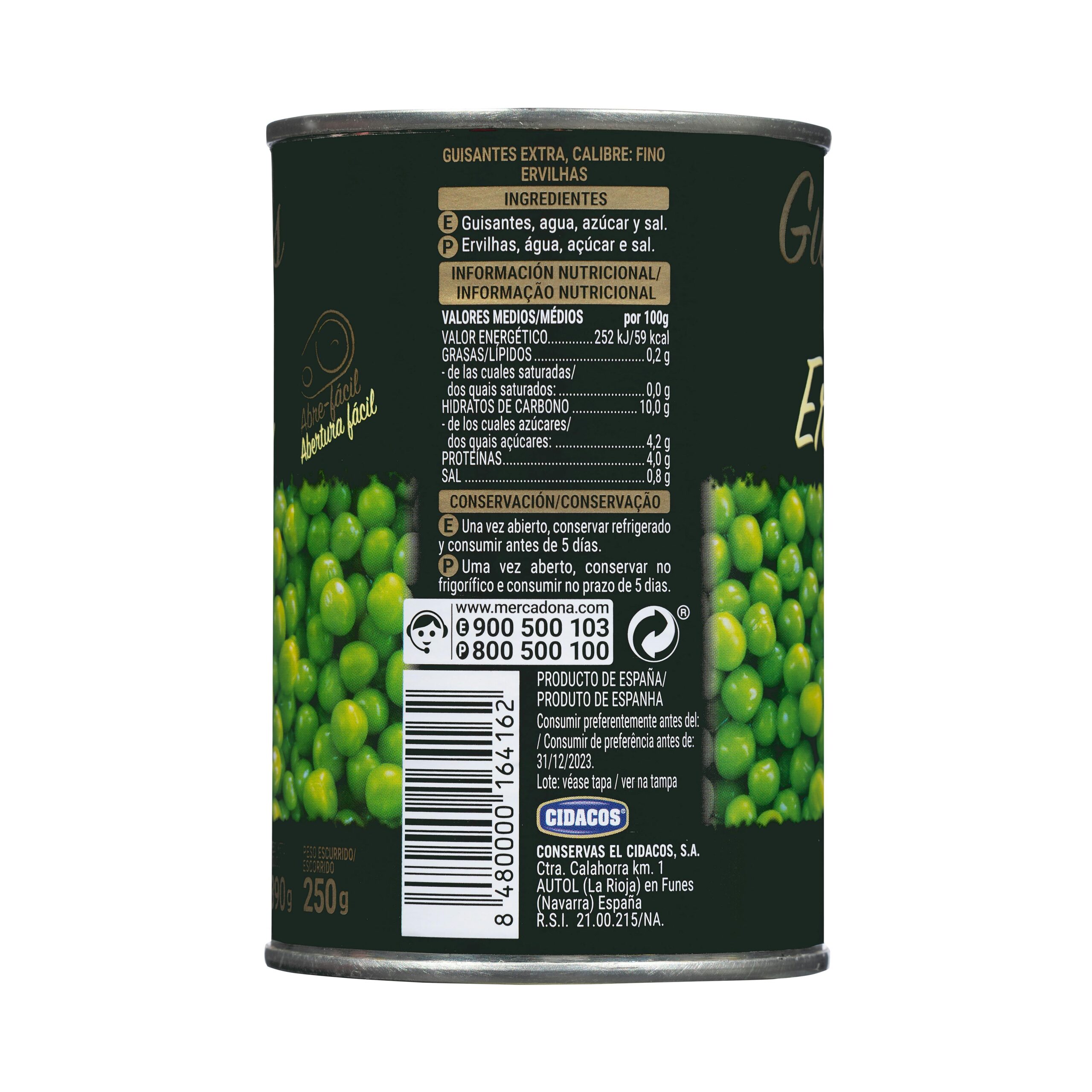 Etiqueta Guisantes extra Hacendado