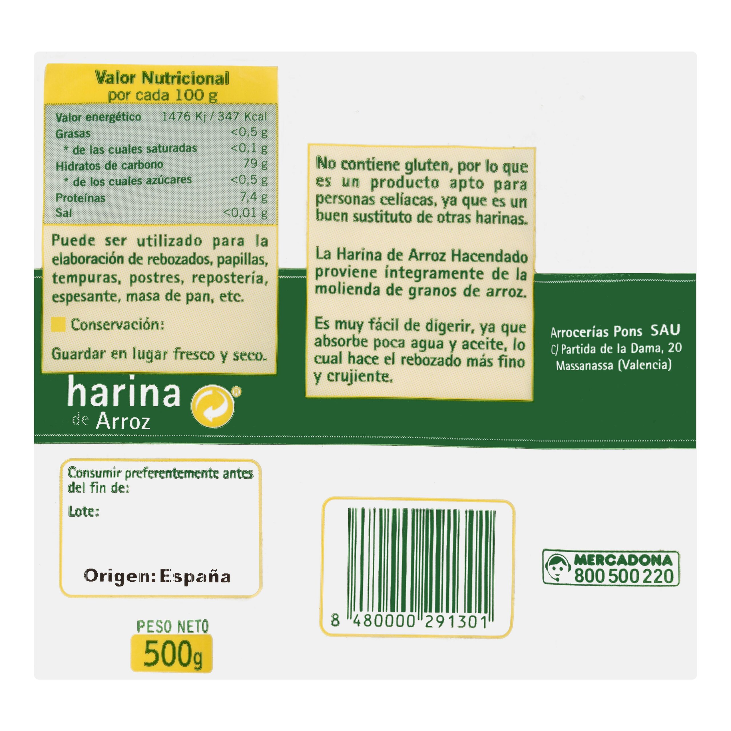 Etiqueta Harina de arroz Hacendado