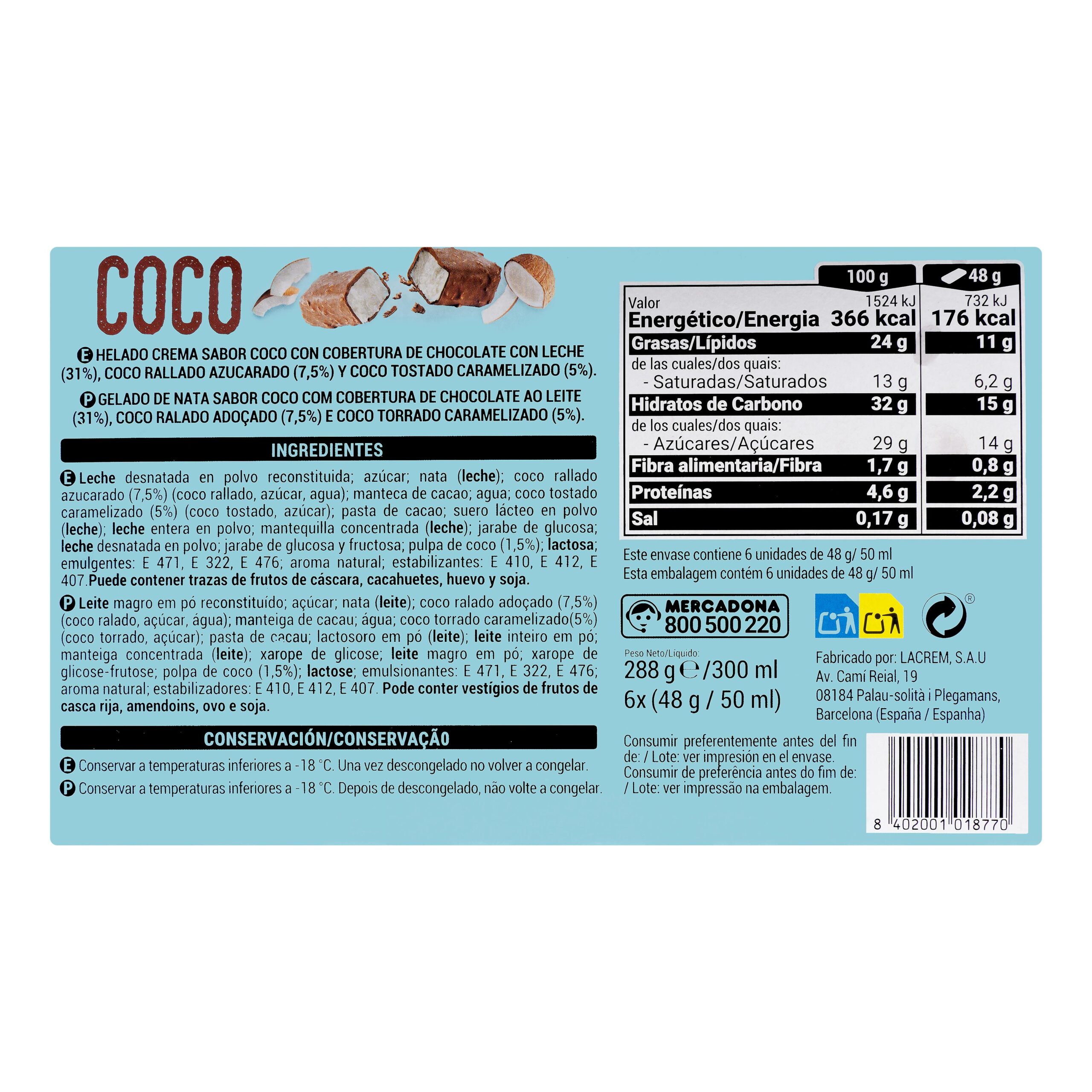Etiqueta Helado barrita crema sabor coco Hacendado con cobertura de chocolate con leche