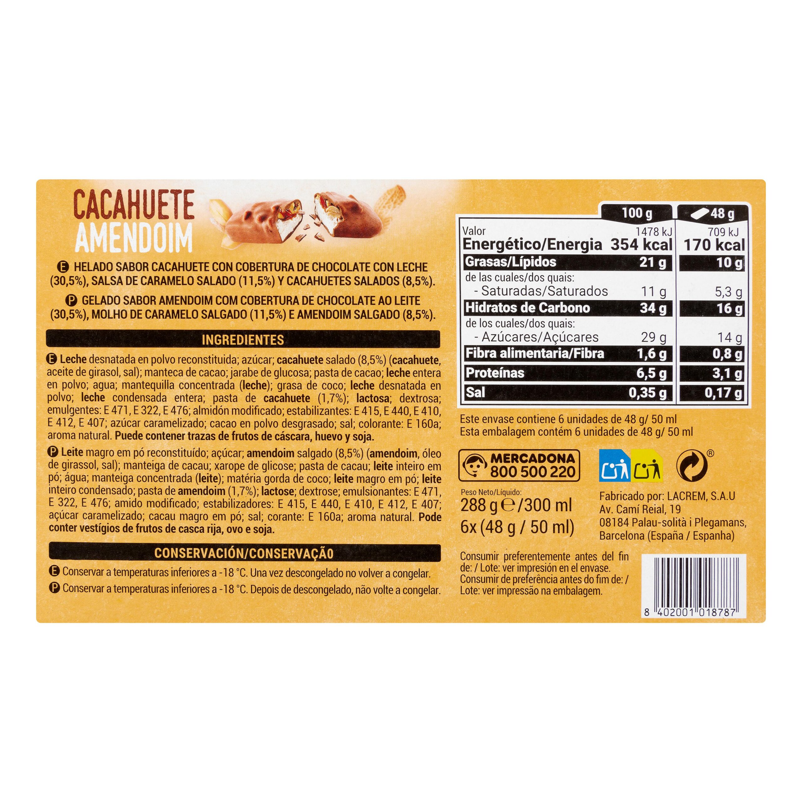 Etiqueta Helado barrita sabor cacahuete Hacendado con cobertura de chocolate con leche