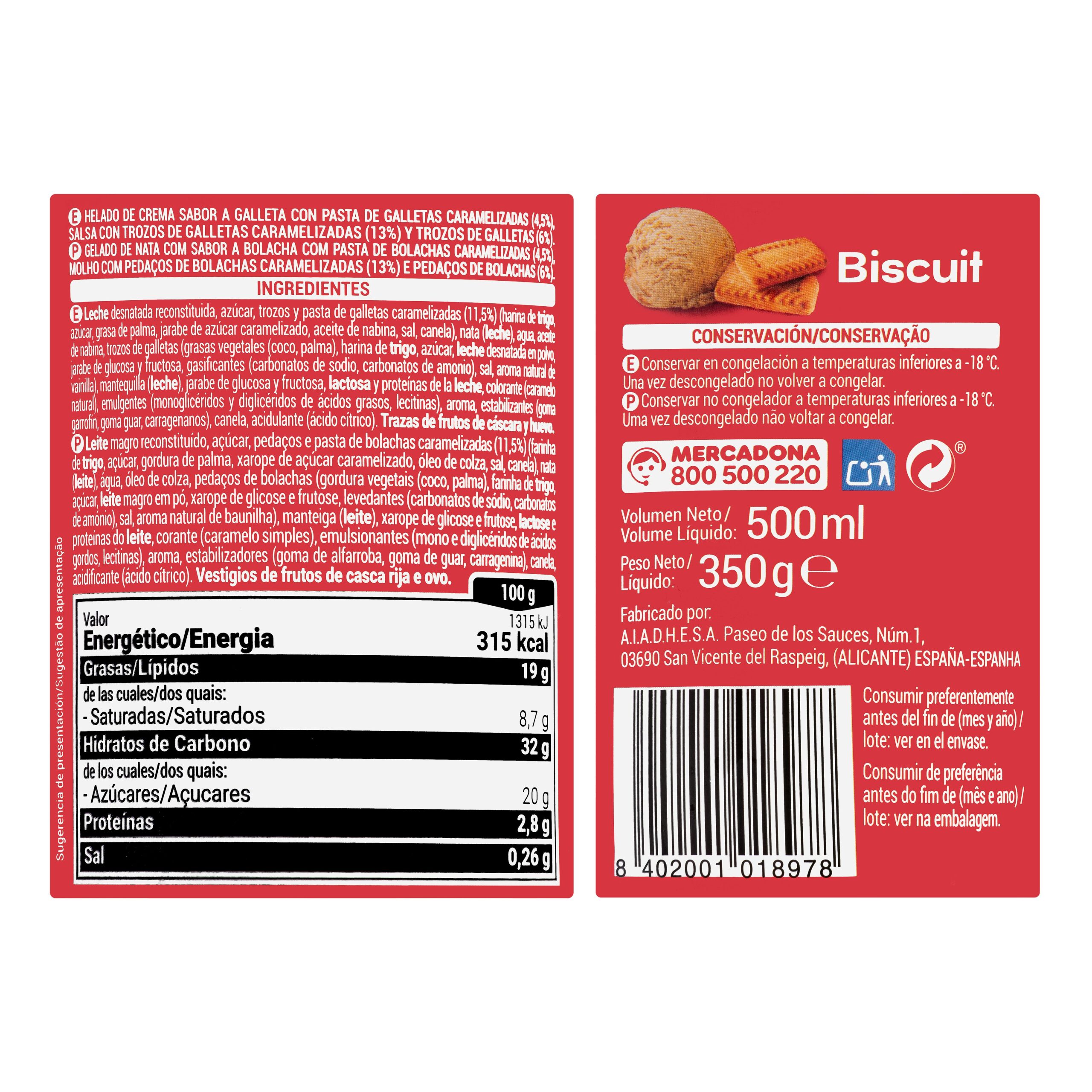 Etiqueta Helado Biscuit Hacendado sabor galleta caramelizada