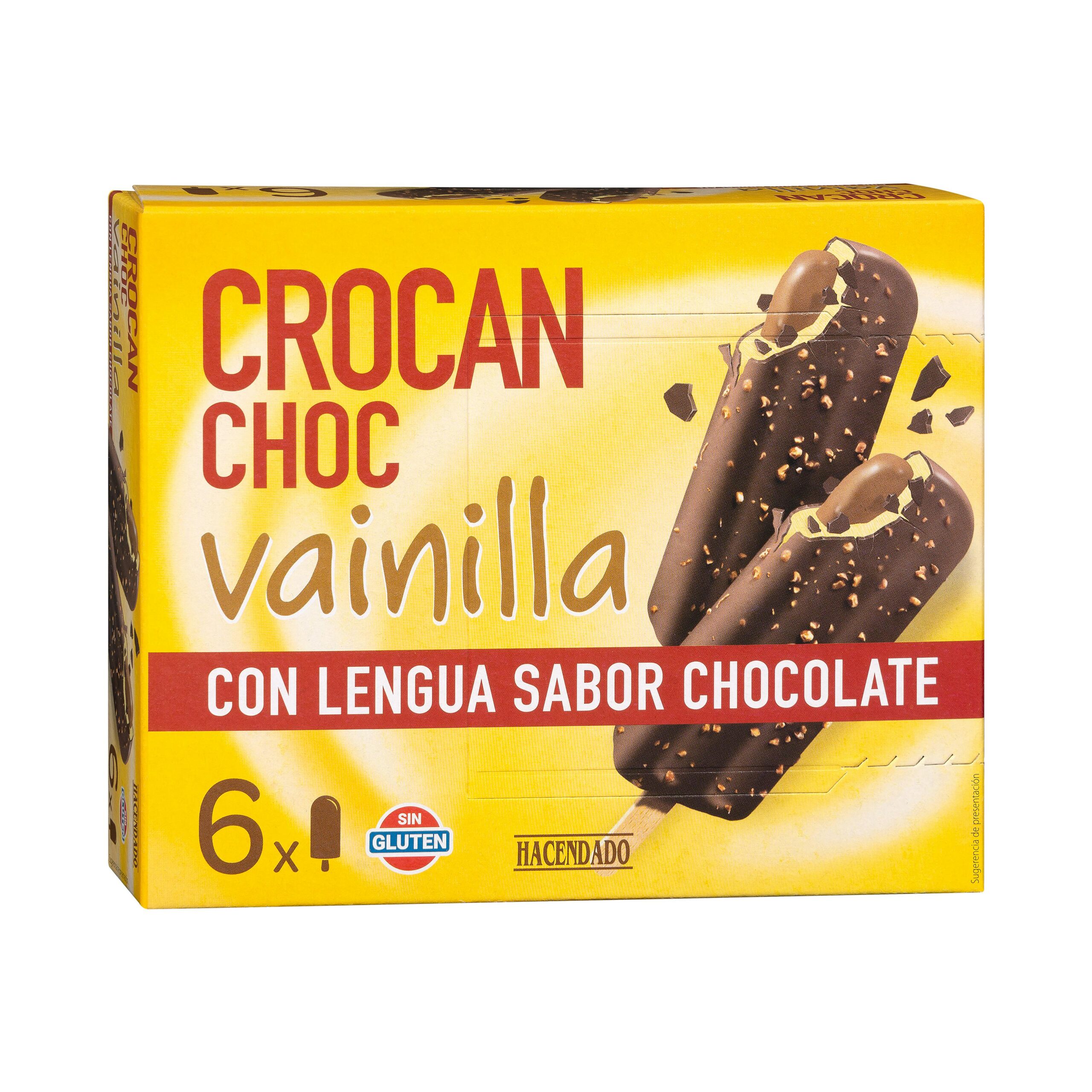 Helado crocan choc vainilla Hacendado con lengua sabor chocolate Mercadona