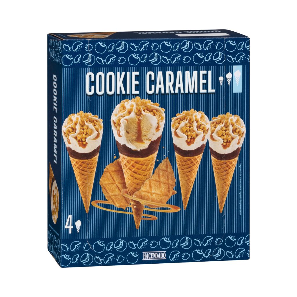 Helado cucurucho Cookie caramel Hacendado sabor a galleta en barquillo con cobertura al cacao