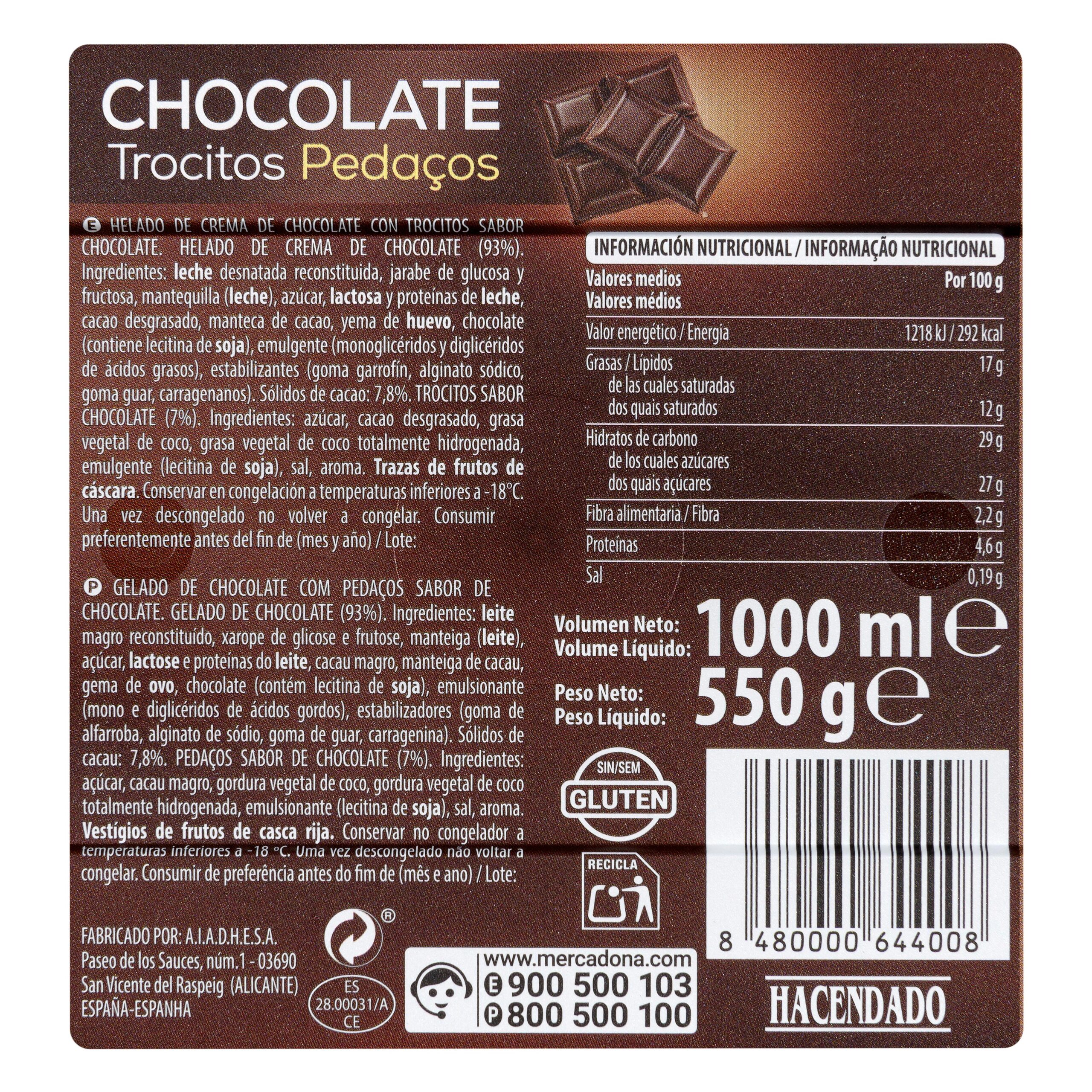 Etiqueta Helado de chocolate Hacendado con trocitos sabor chocolate