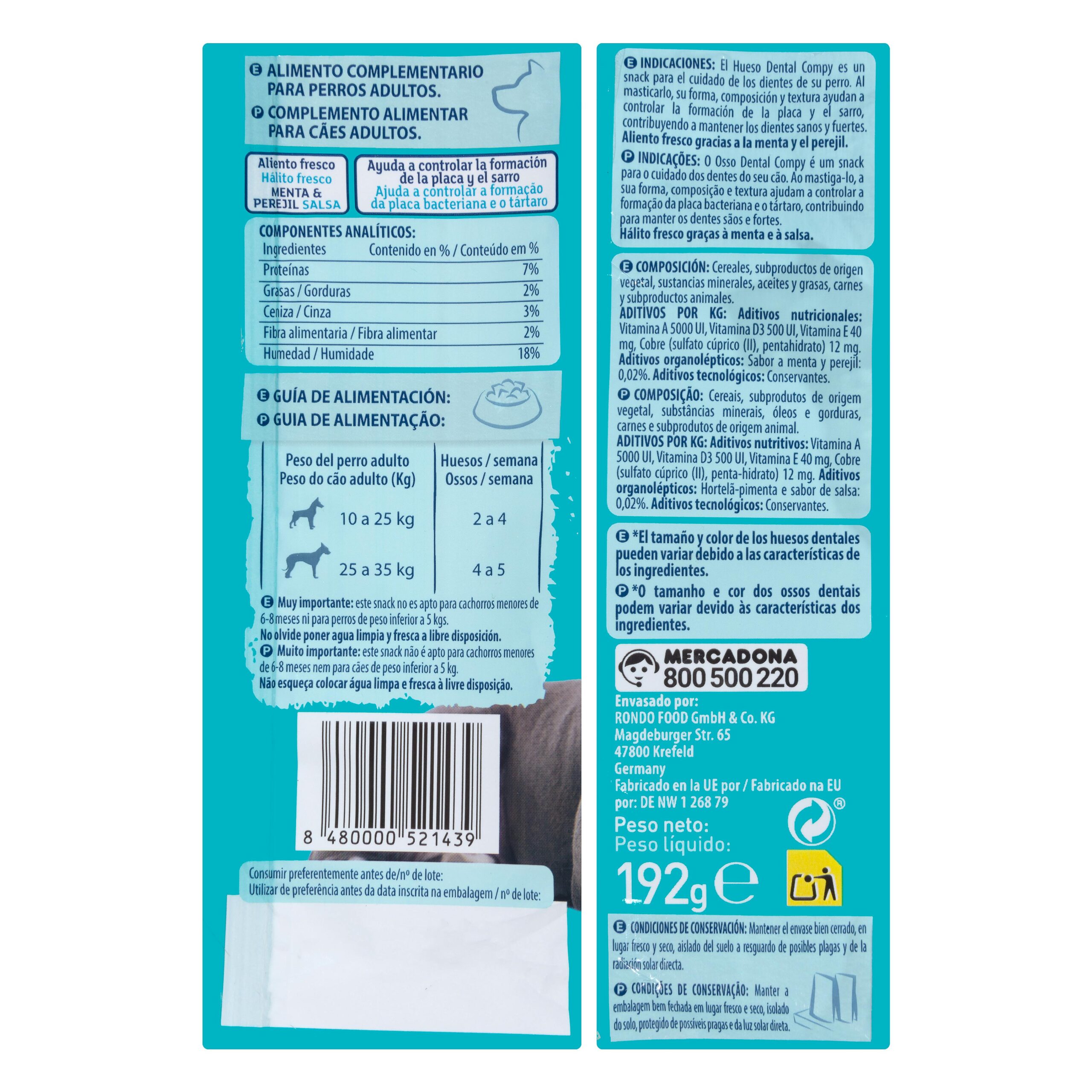 Etiqueta Hueso dental perro adulto sabor menta y perejil Compy