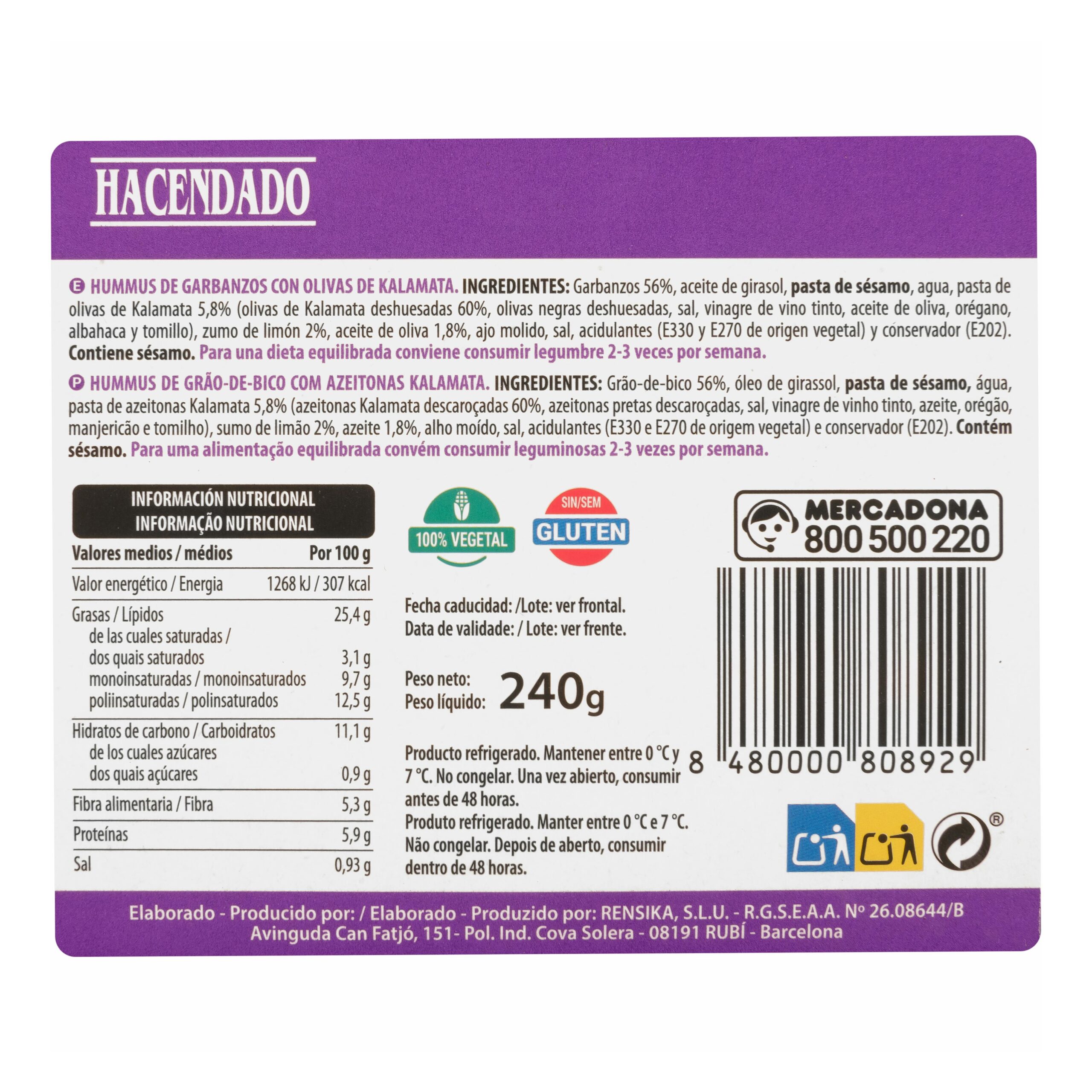 Etiqueta Hummus de garbanzos Hacendado con olivas de kalamata