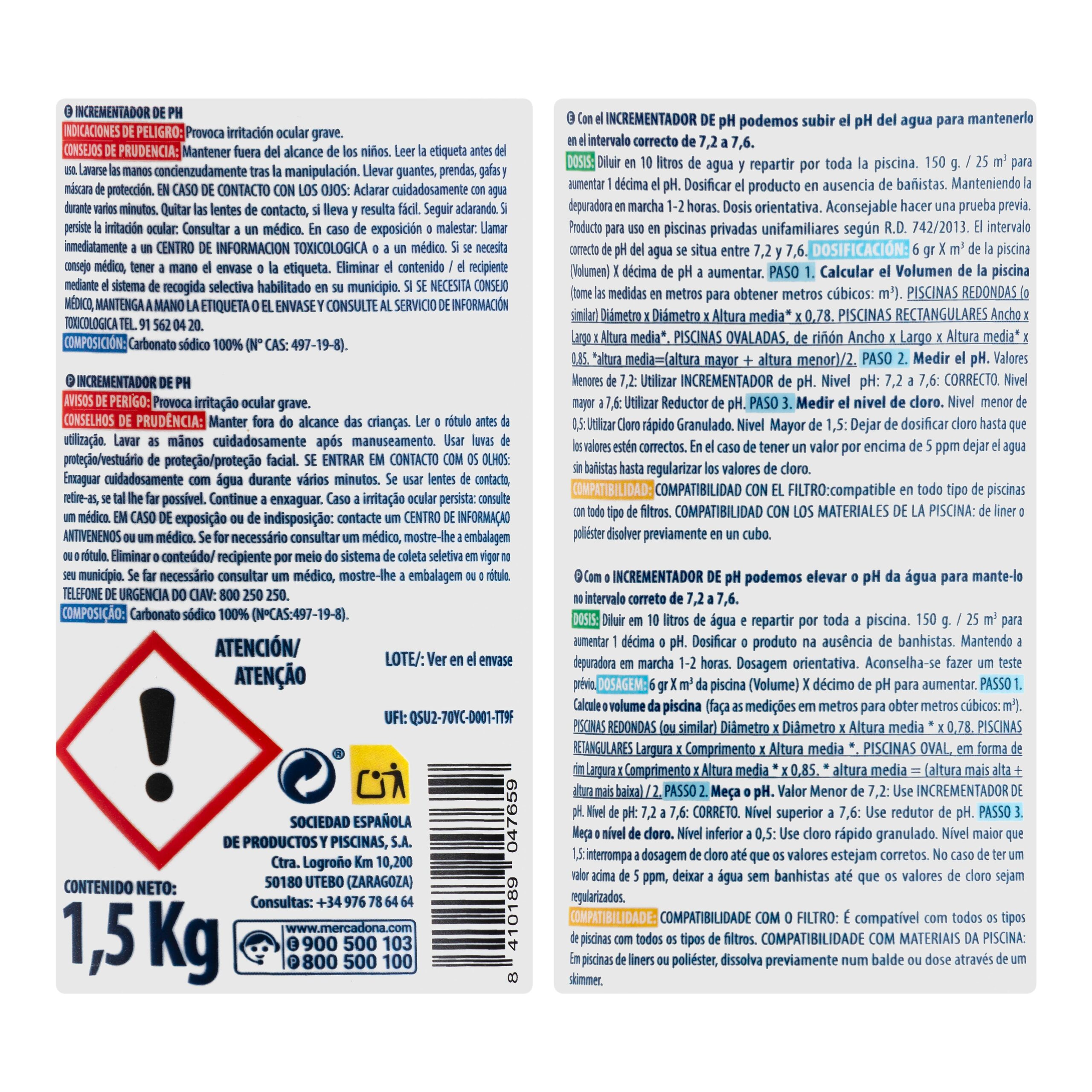 Etiqueta Incrementador de pH para piscina