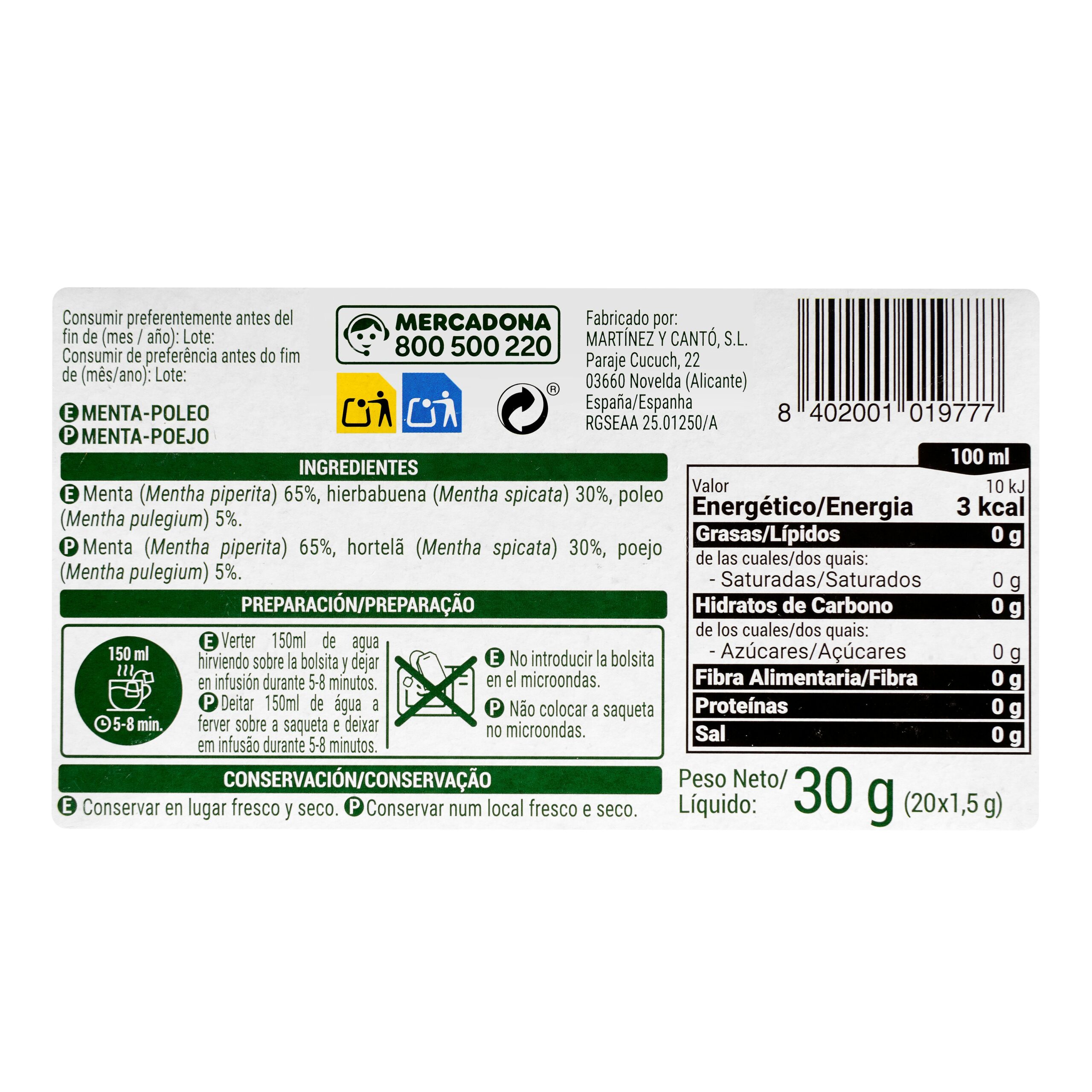 Etiqueta Infusión Menta Poleo Hacendado