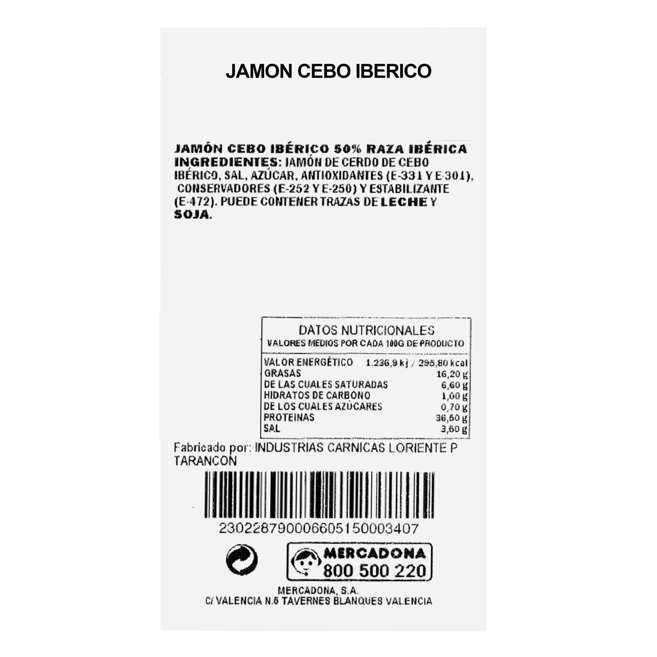 Etiqueta Jamón cebo ibérico cortado a máquina envasado al vacío