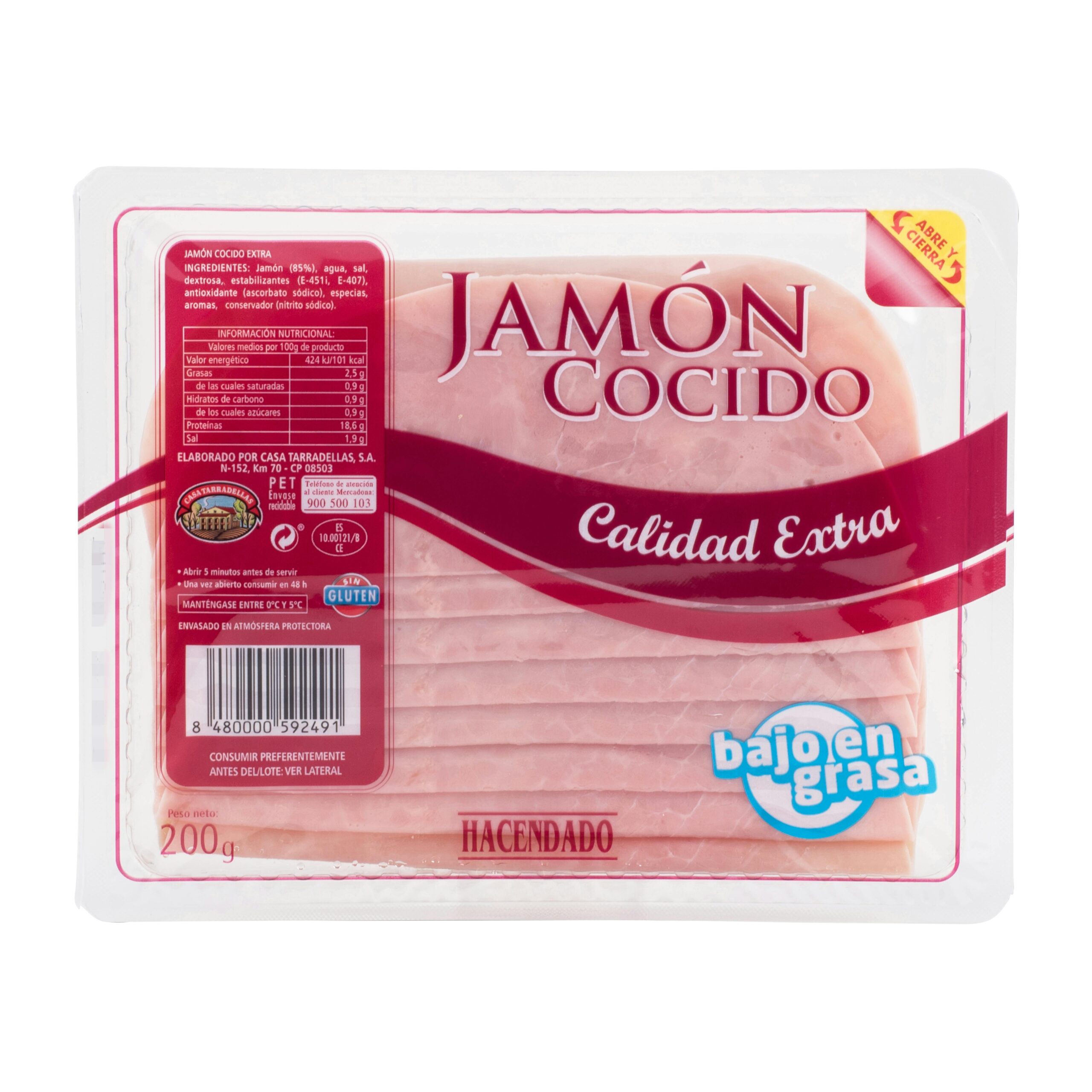 Jamón cocido extra Hacendado lonchas Mercadona