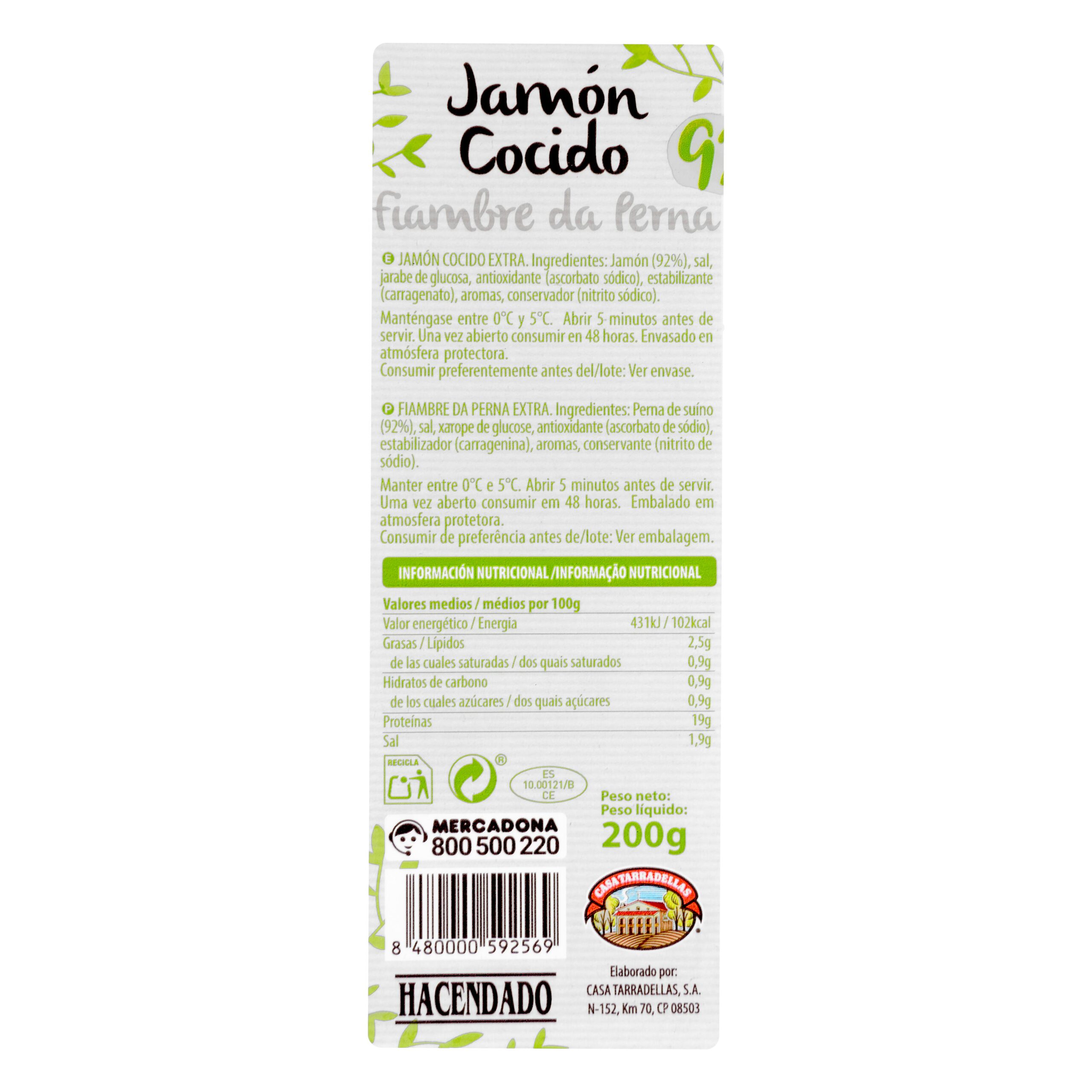 Etiqueta Jamón cocido Hacendado lonchas