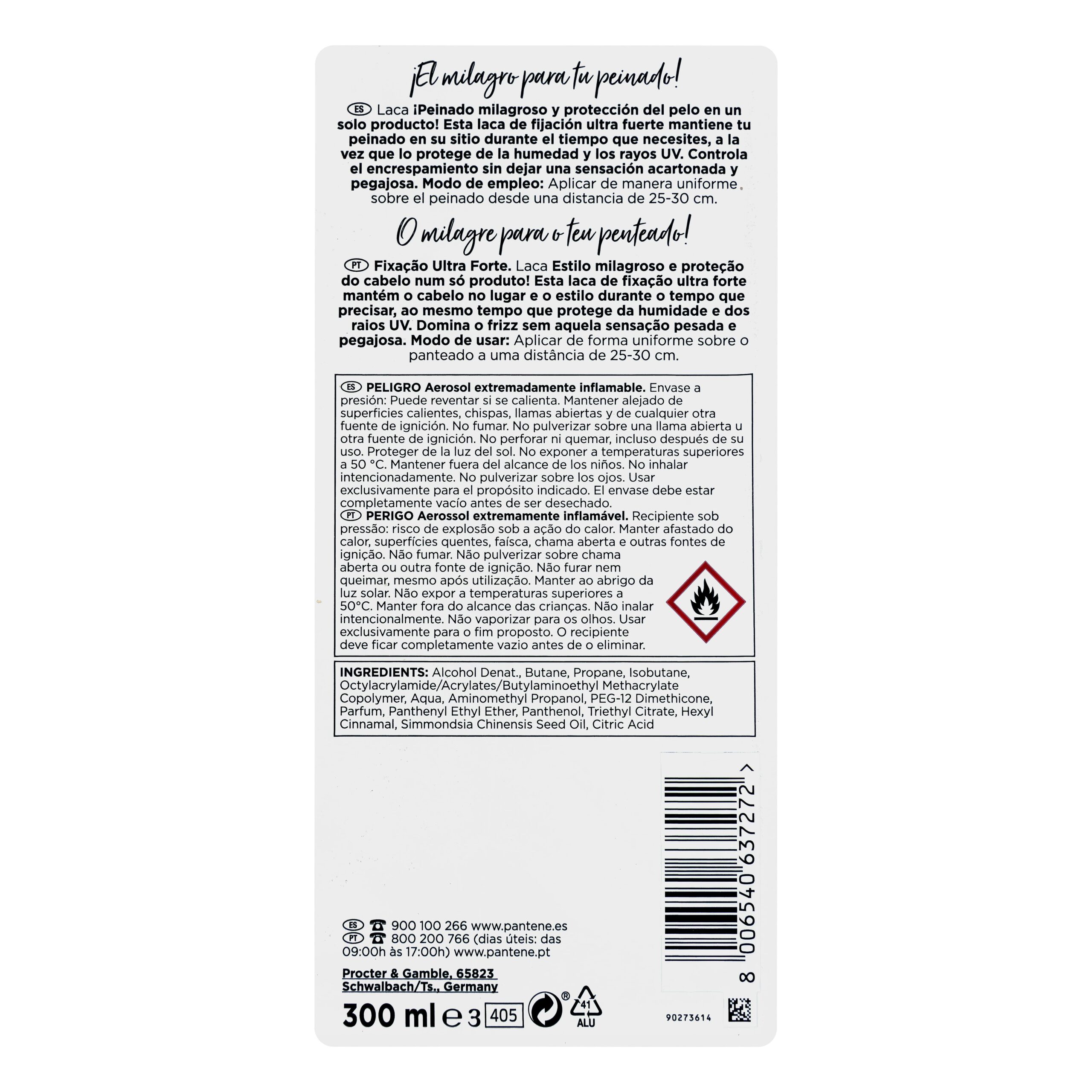 Etiqueta Laca cabello Ultra Fuerte Pantene fijación 5 con aceite de Jojoba