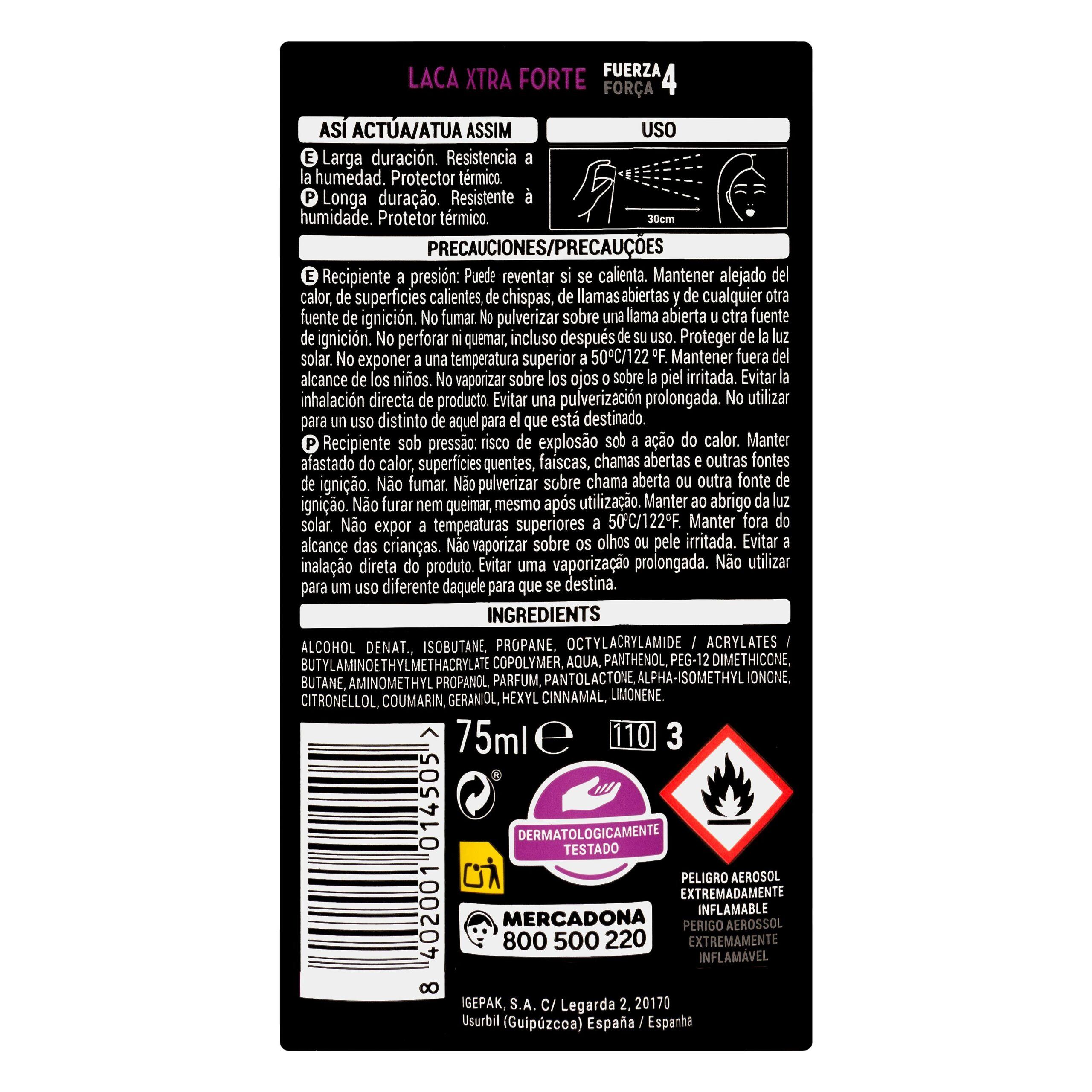 Etiqueta Laca cabello Xtra Forte Deliplus fijación 4 tamaño viaje