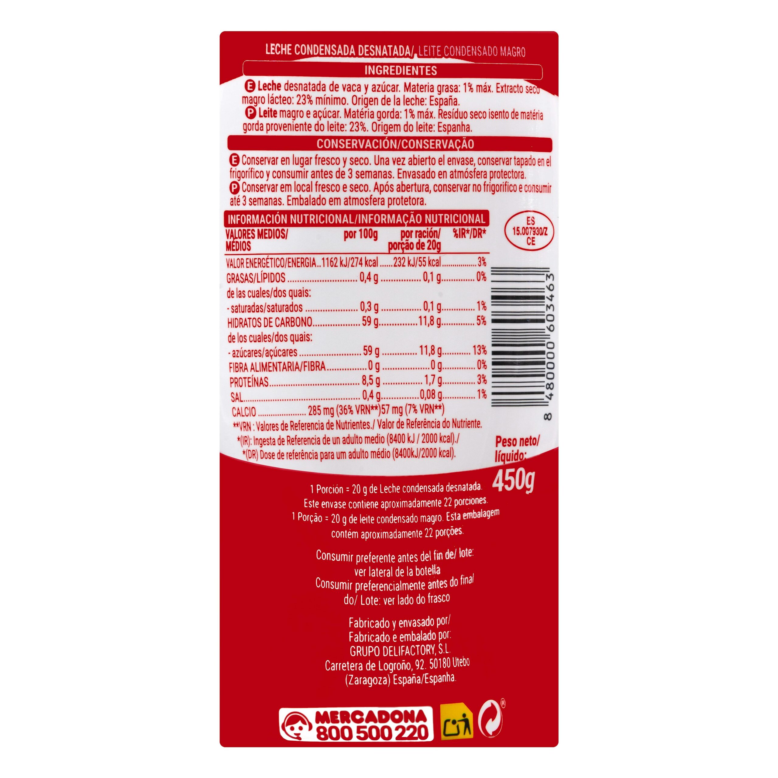 Etiqueta Leche condensada desnatada Hacendado