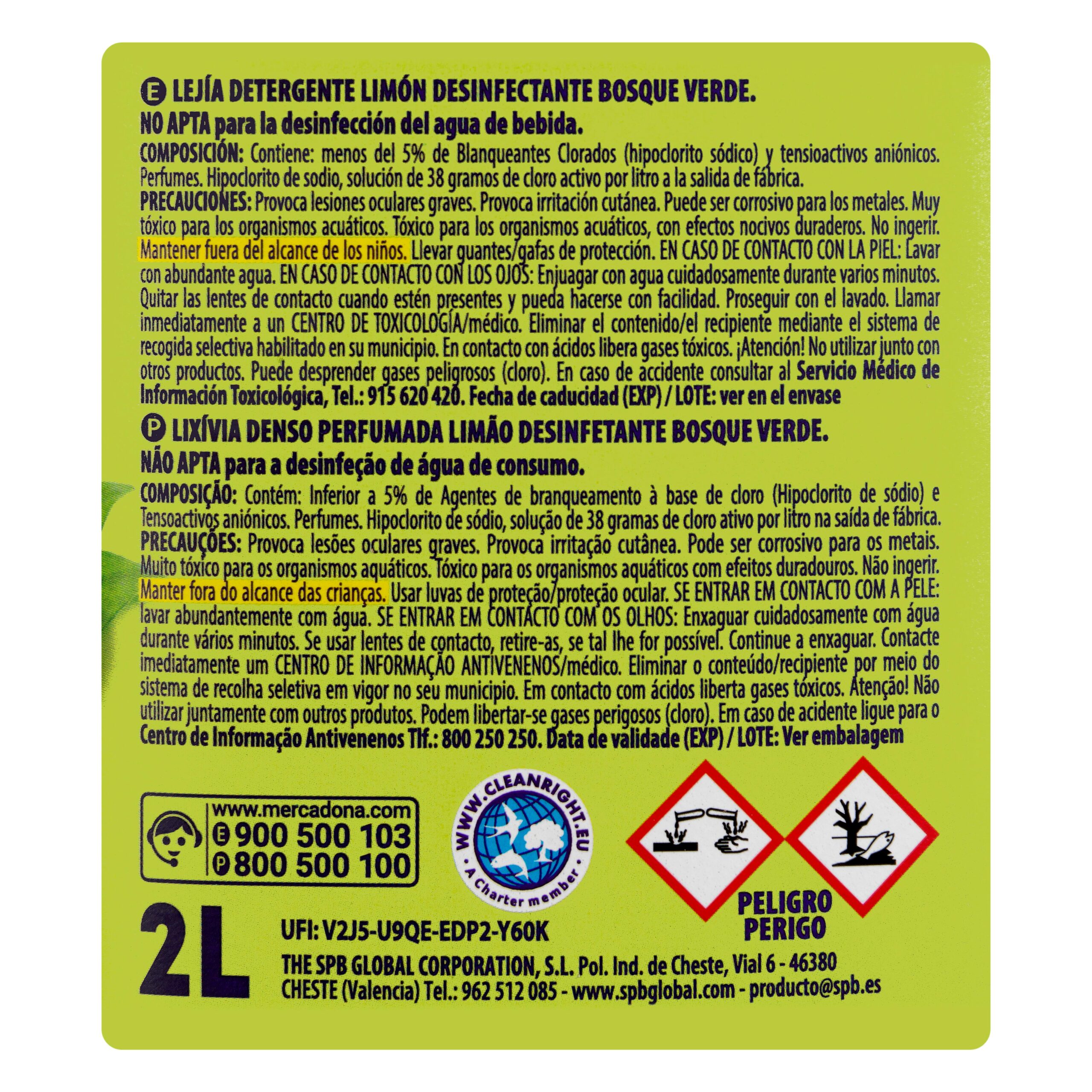 Etiqueta Lejía perfumada con detergente Bosque Verde Limón