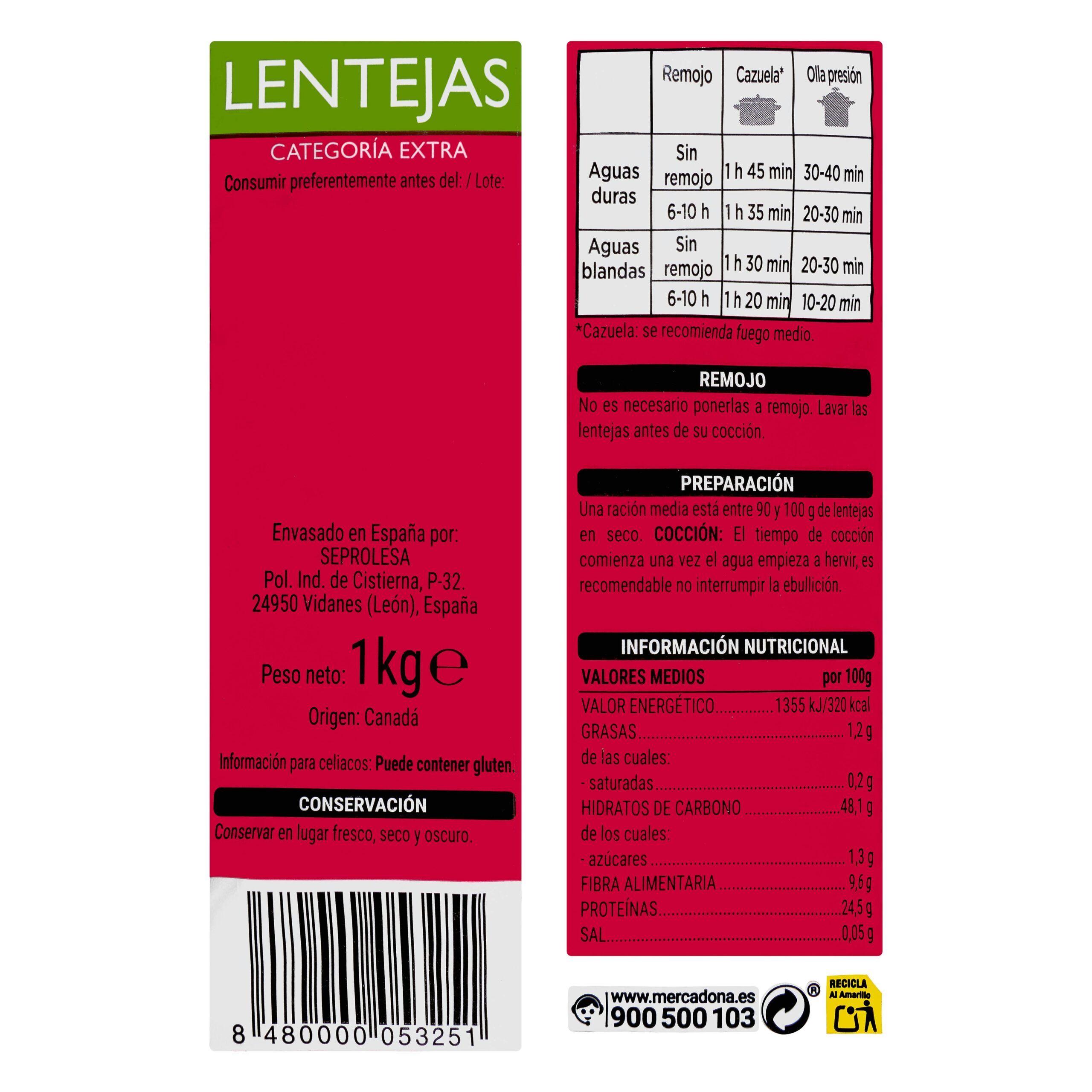 Etiqueta Lenteja Hacendado categoría extra