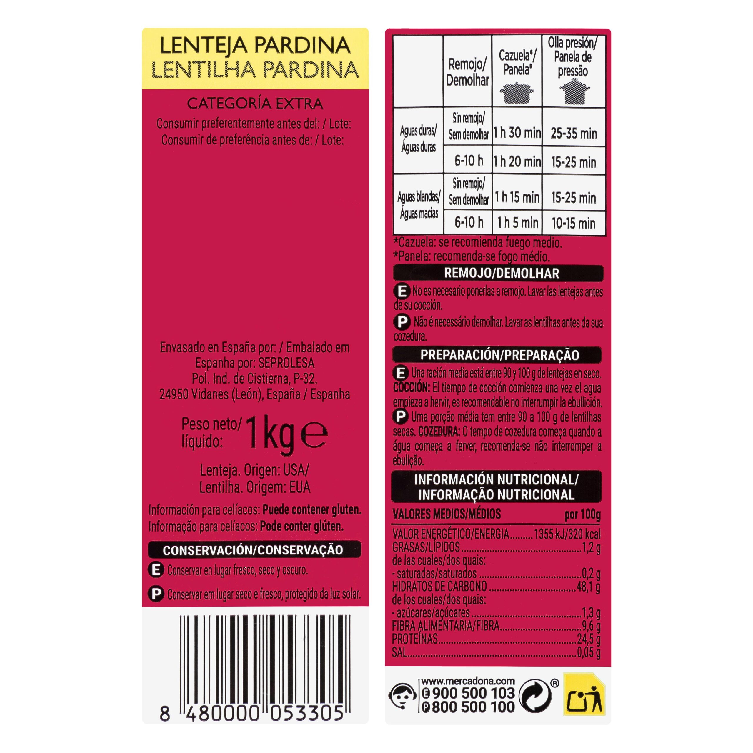 Etiqueta Lenteja pardina Hacendado categoría extra