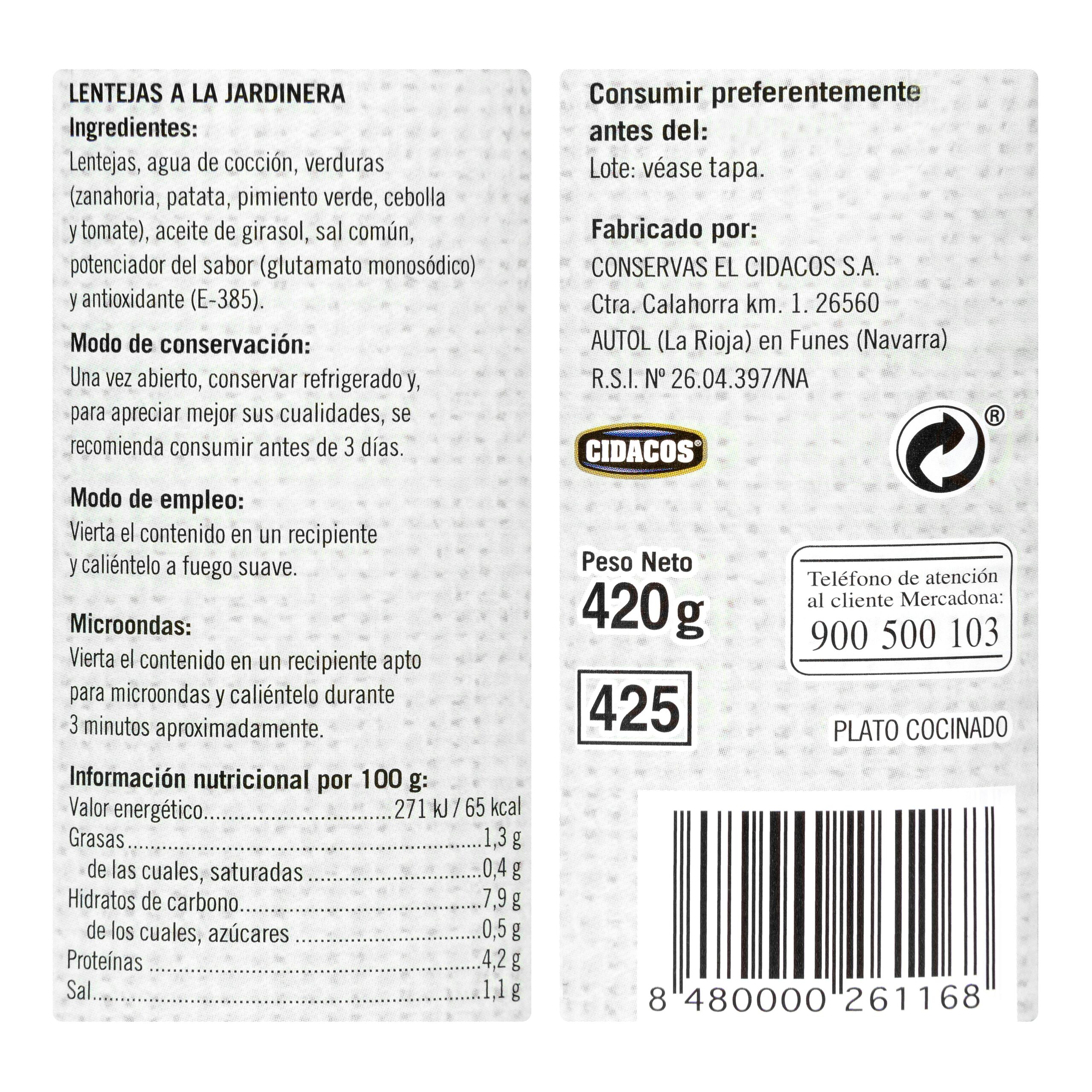 Etiqueta Lentejas a la jardinera Hacendado