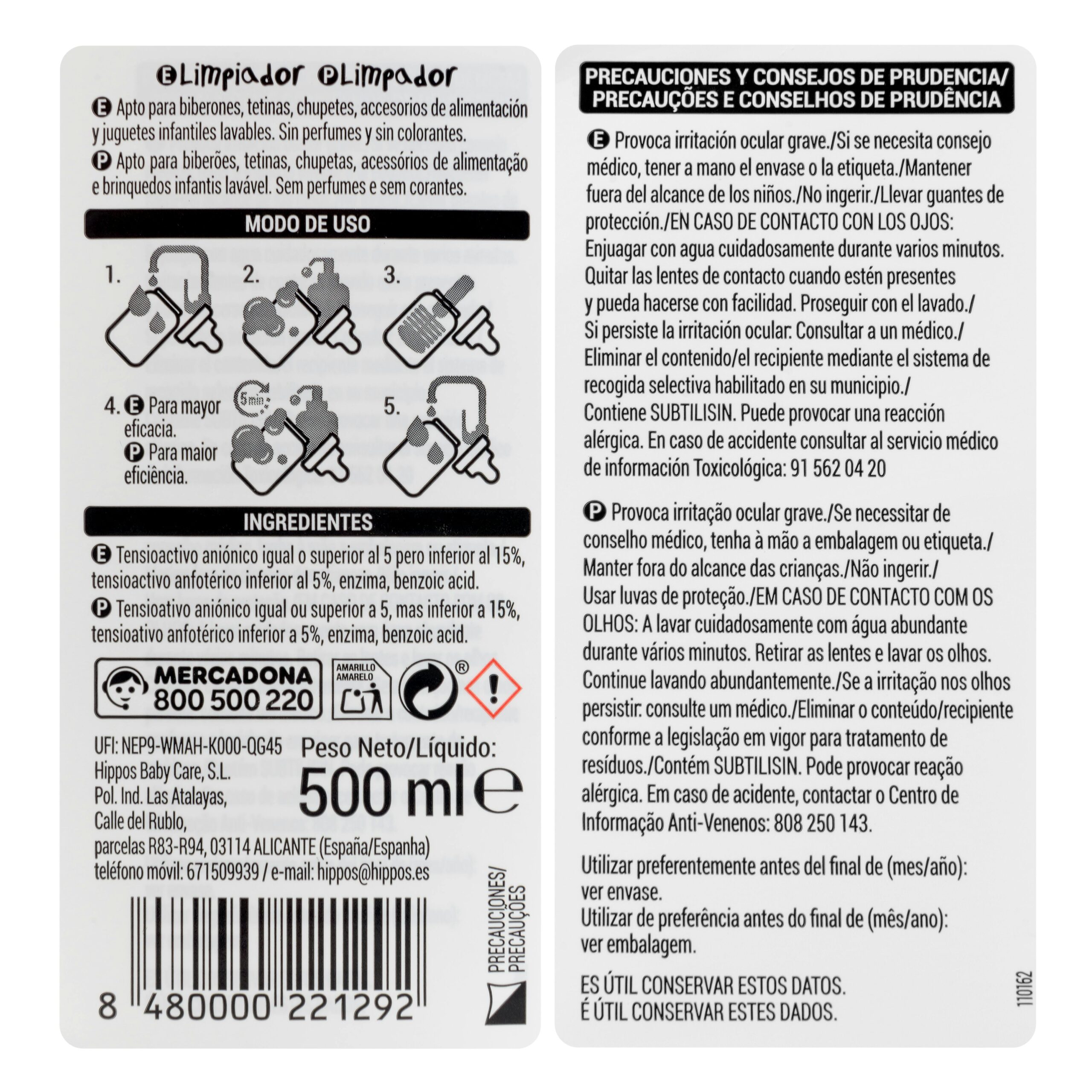 Etiqueta Limpiador bebé para biberones y tetinas Deliplus