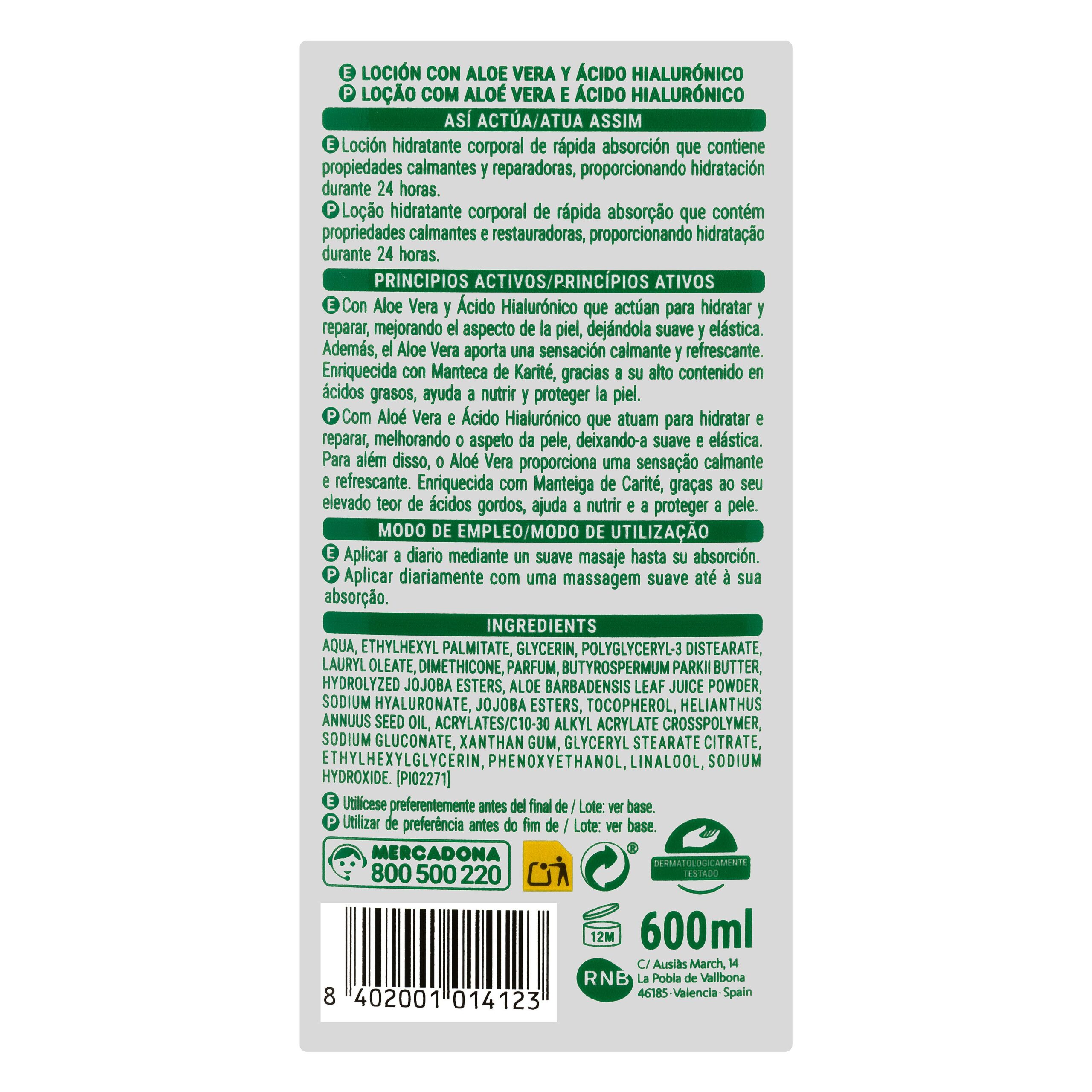 Etiqueta Loción corporal Hidrata Deliplus aloe vera y ácido hialurónico piel normal