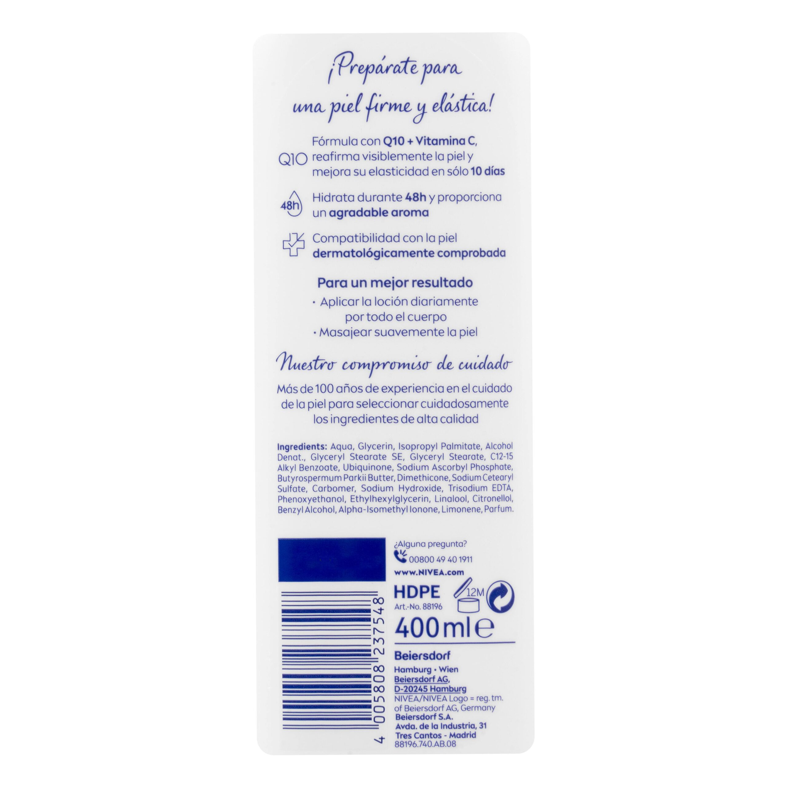 Etiqueta Loción corporal reafirmante Q10 Nivea y vitamina C piel normal