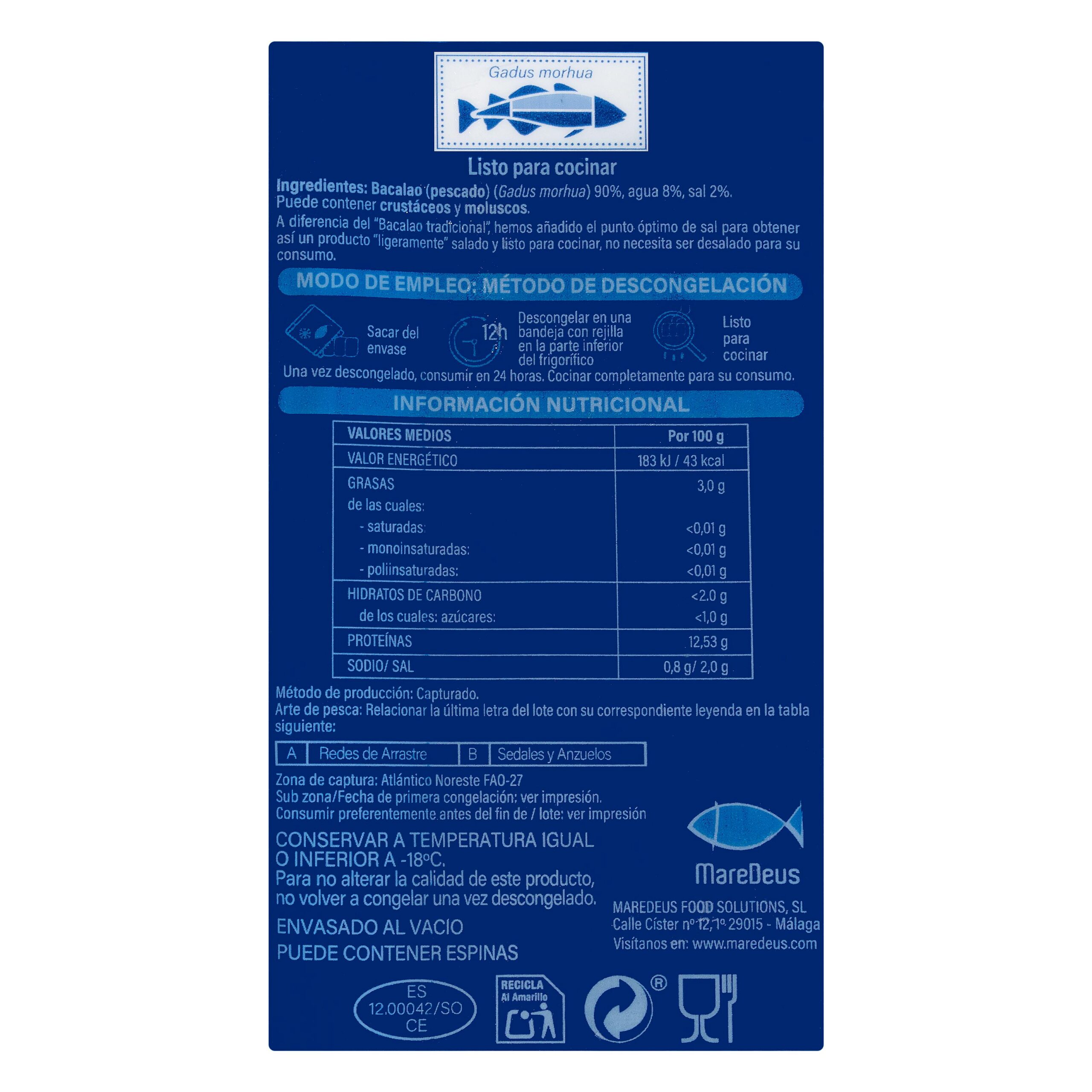 Etiqueta Lomo de bacalao MareDeus ultracongelado en su punto de sal