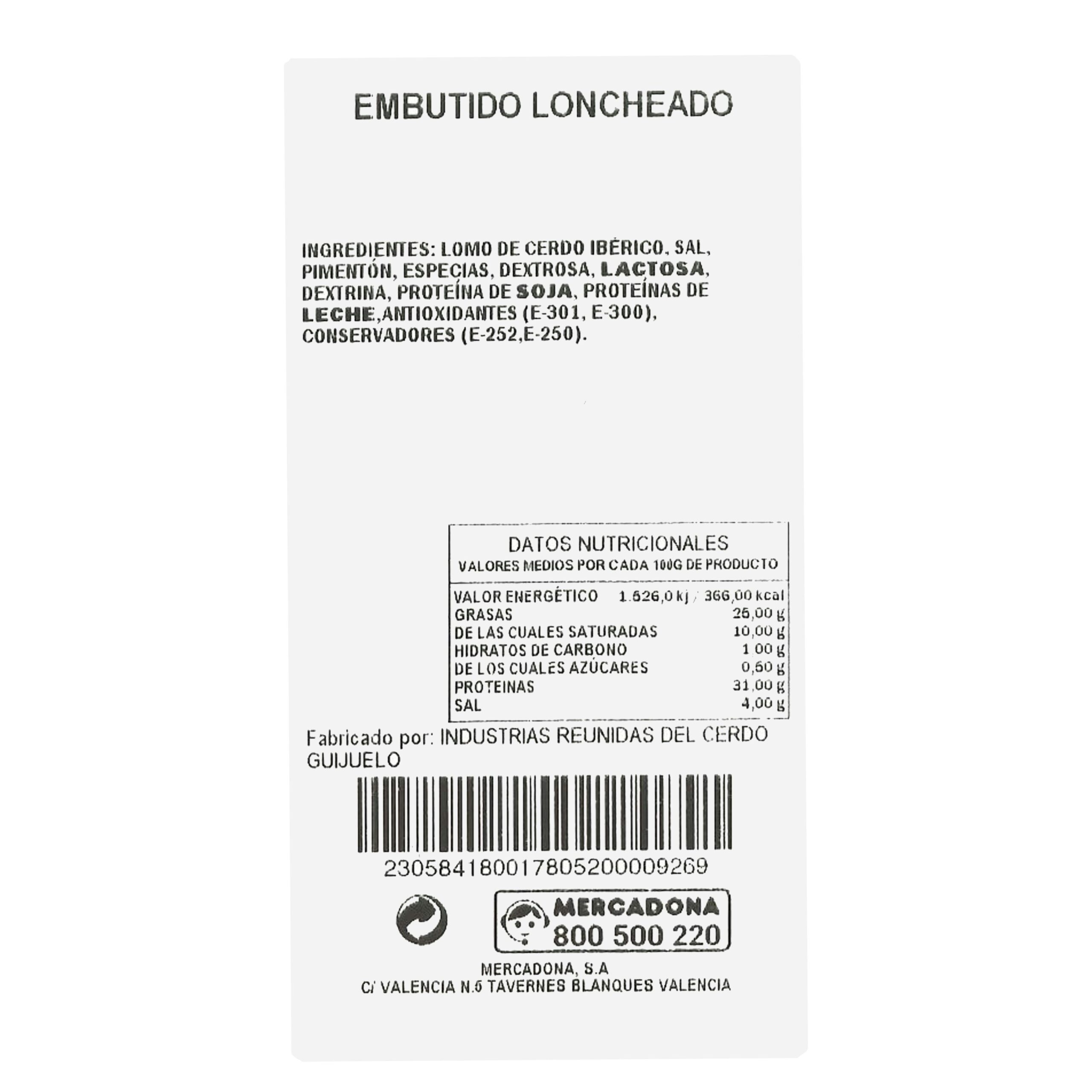 Etiqueta Lomo de bellota ibérico cortado a máquina envasado al vacío