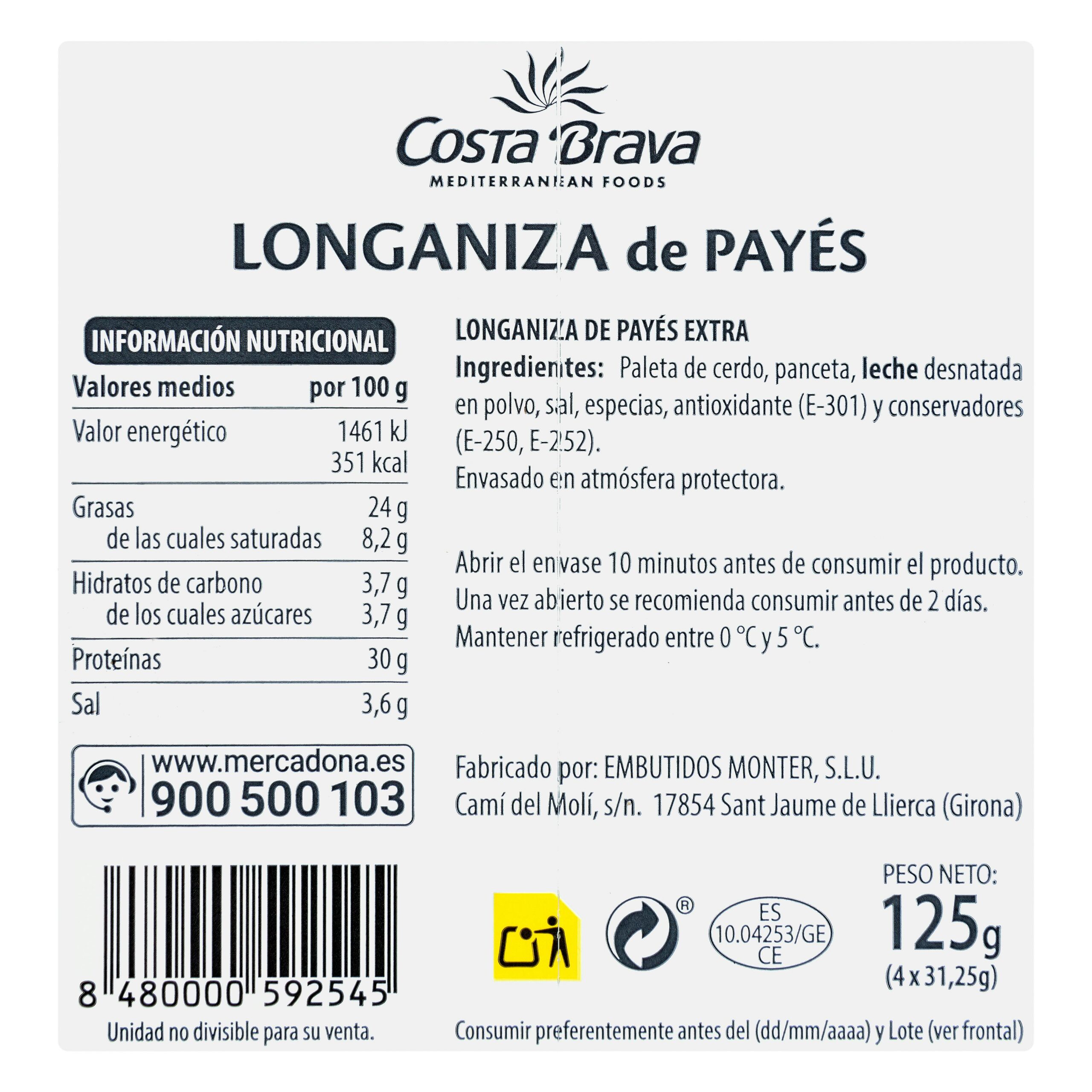 Etiqueta Longaniza de payés extra Hacendado lonchas