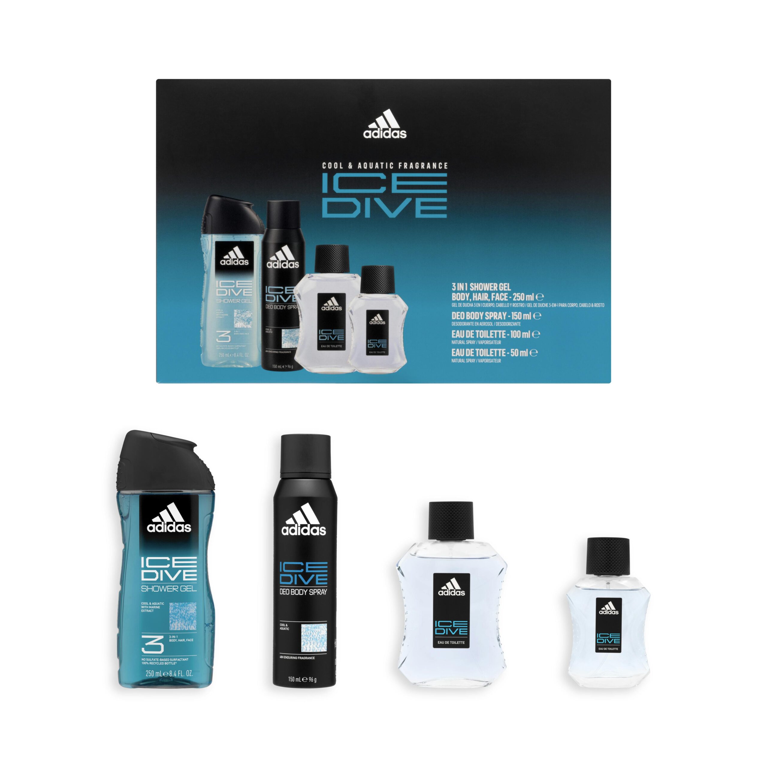 Lote hombre Adidas Ice Dive contiene eau de toilette 100 ml, eau de toilette 50 ml, 3 en 1 gel de ducha, cuerpo y cabello 250 ml y desodorante spray 150 ml Mercadona