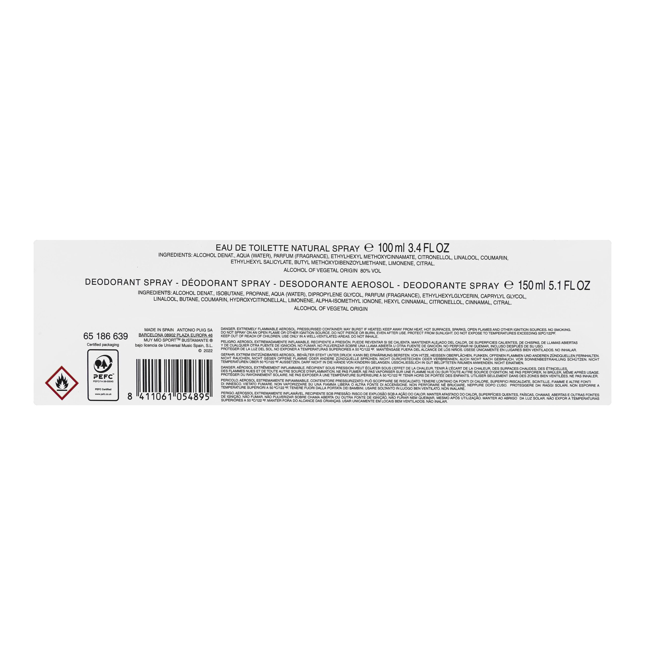 Etiqueta Lote hombre Bustamante Muy mío sport contiene eau de toilette 100 ml y desodorante 150 ml