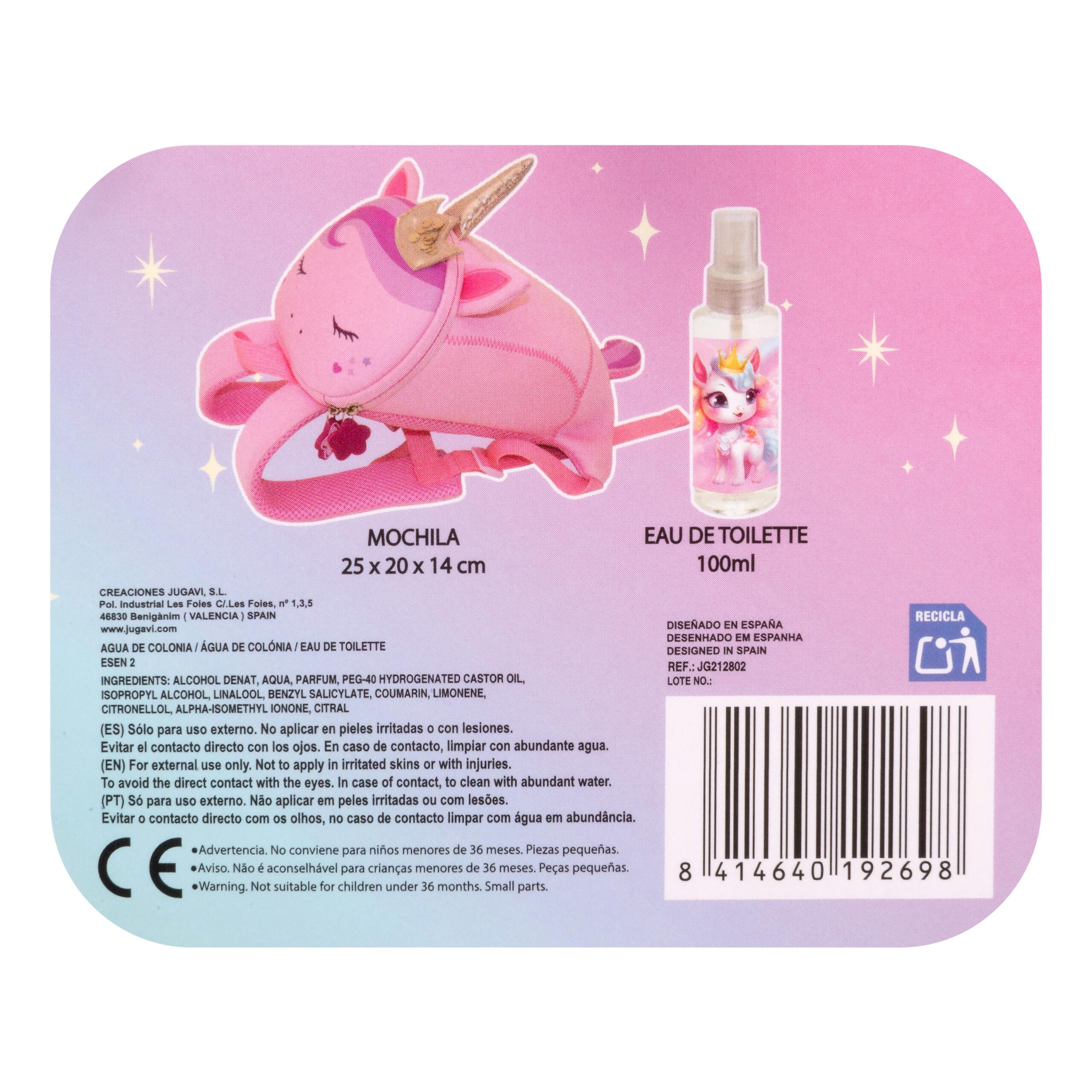 Etiqueta Lote infantil Unicornio contiene eau de toilette 100 ml y mochila