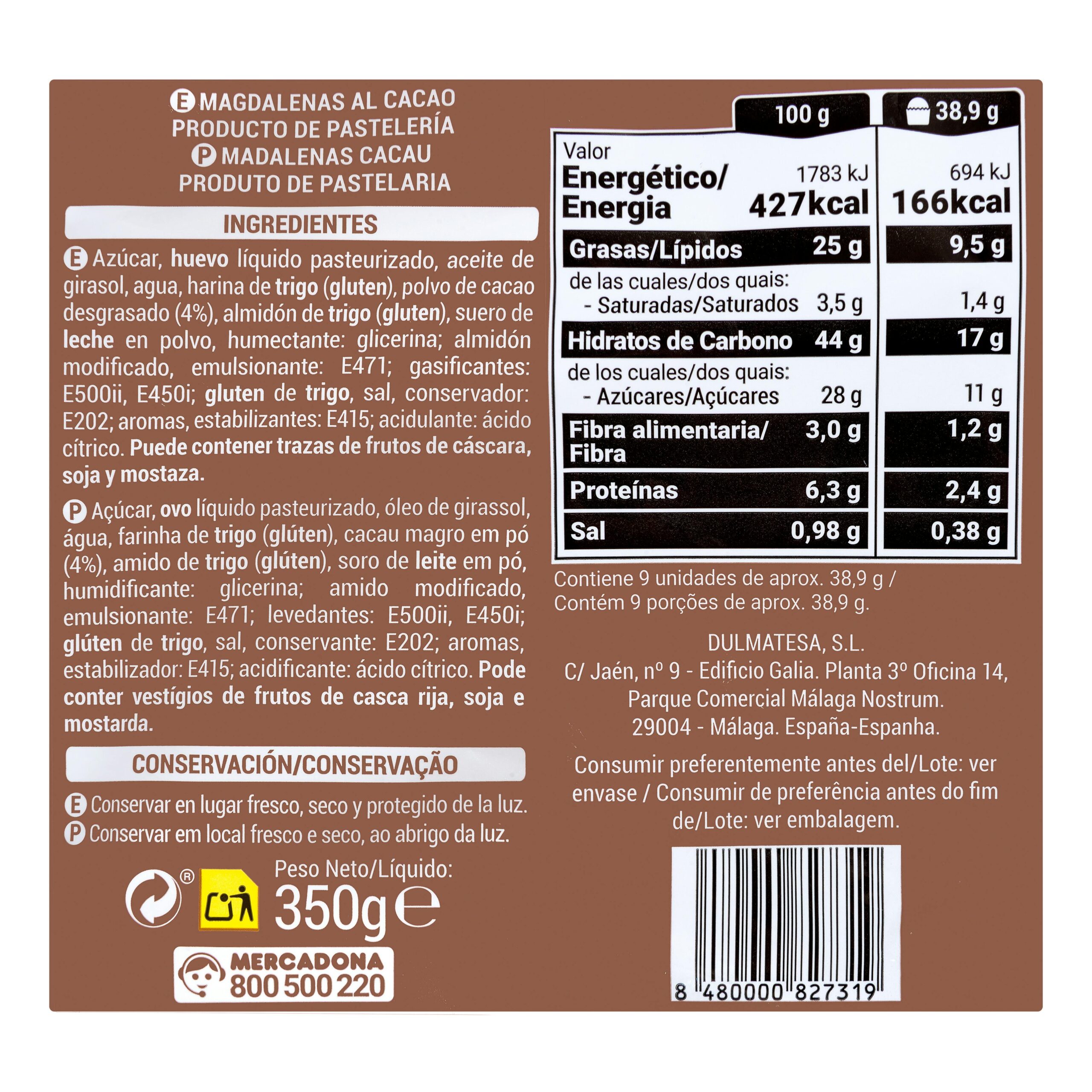 Etiqueta Magdalenas al cacao Hacendado