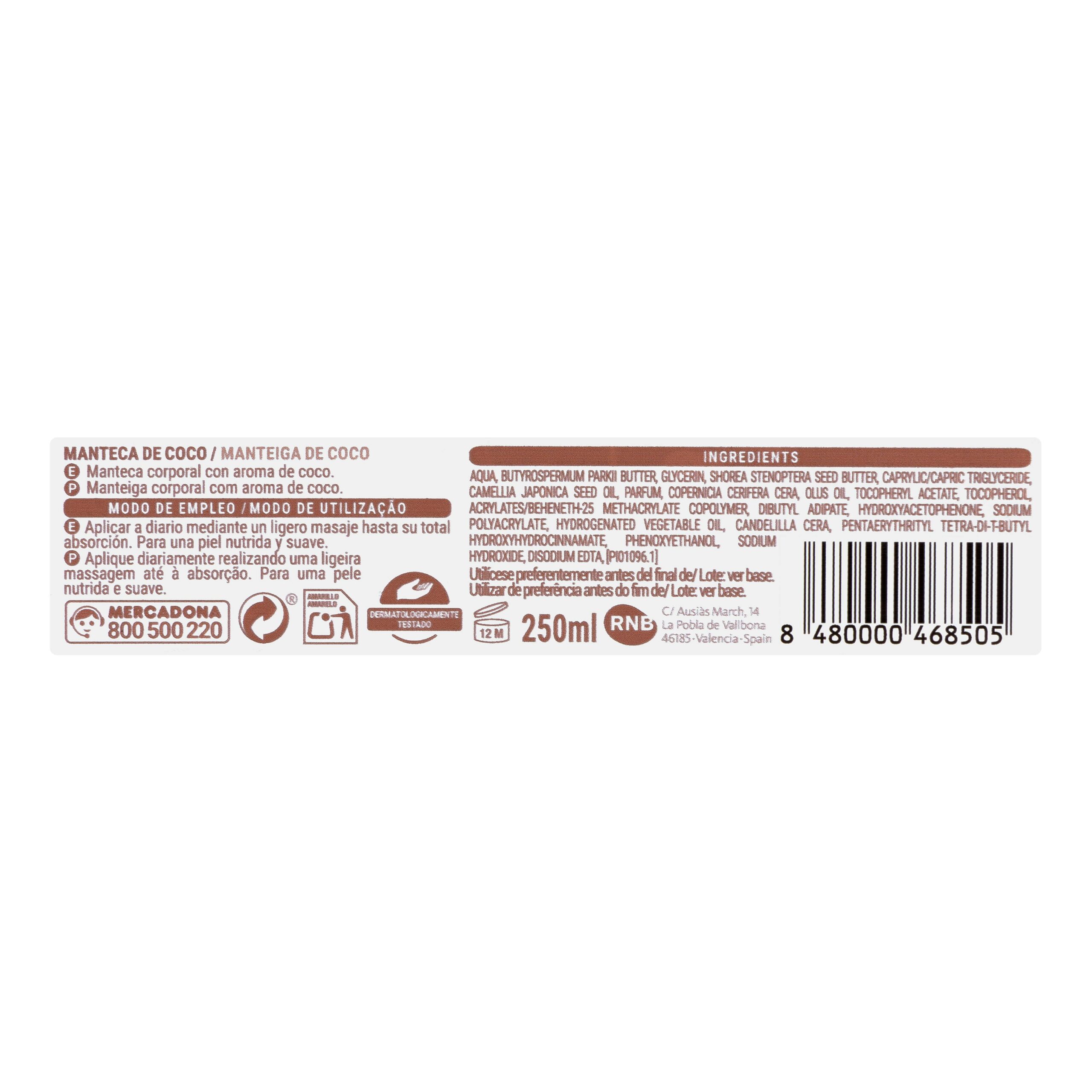 Etiqueta Manteca corporal con aroma de coco Deliplus