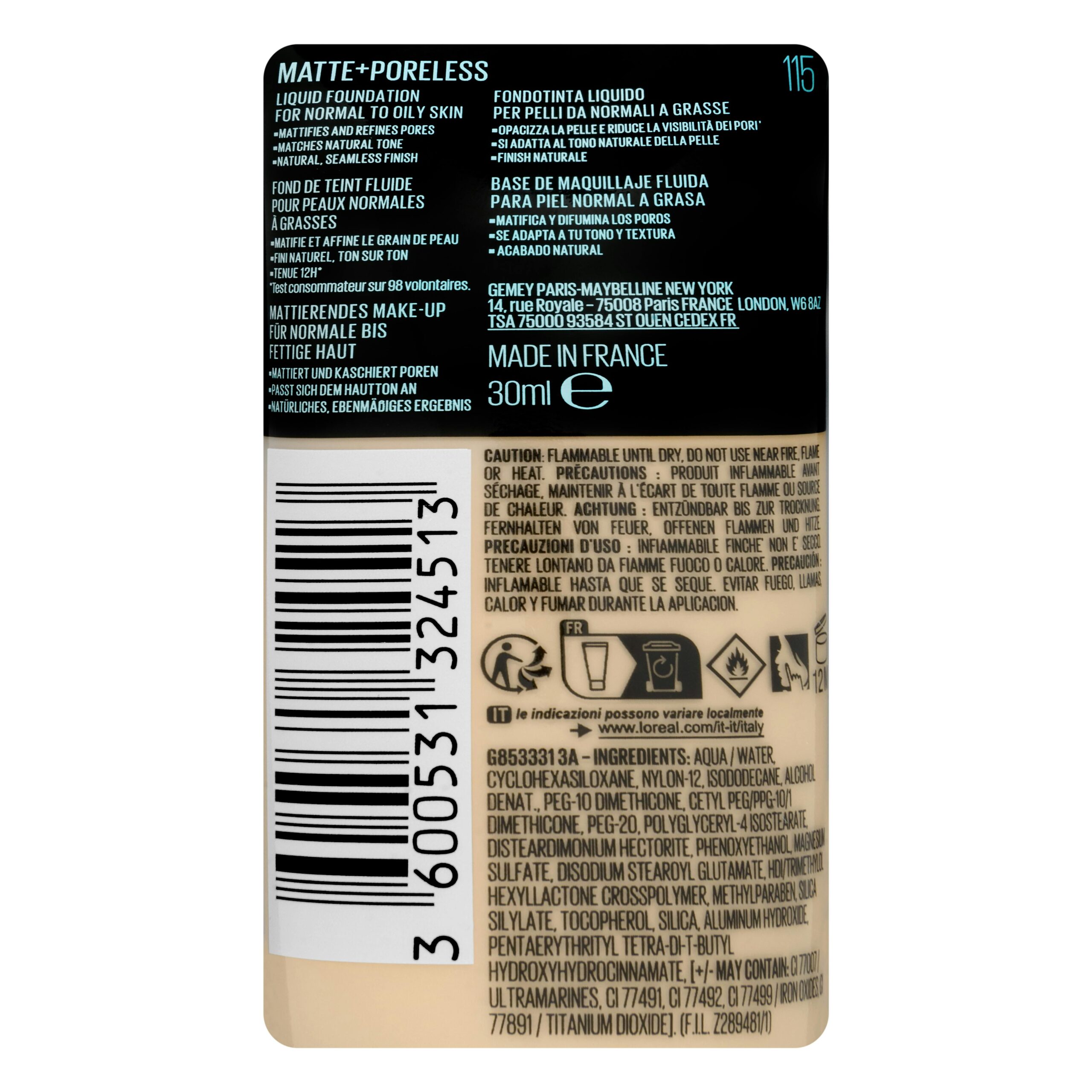 Etiqueta Maquillaje fluido Fit Me Maybelline 115 ivory