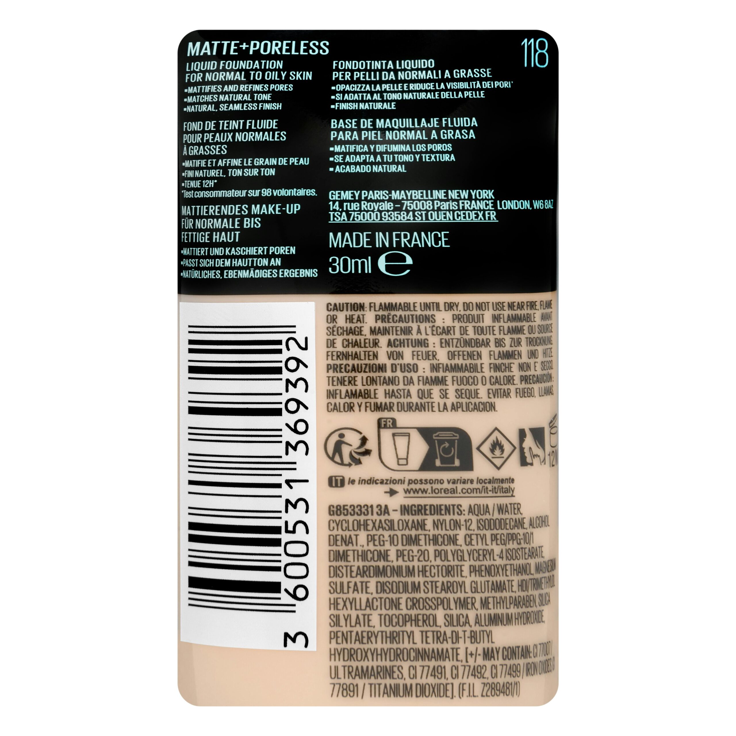 Etiqueta Maquillaje fluido Fit Me Maybelline 118 nude