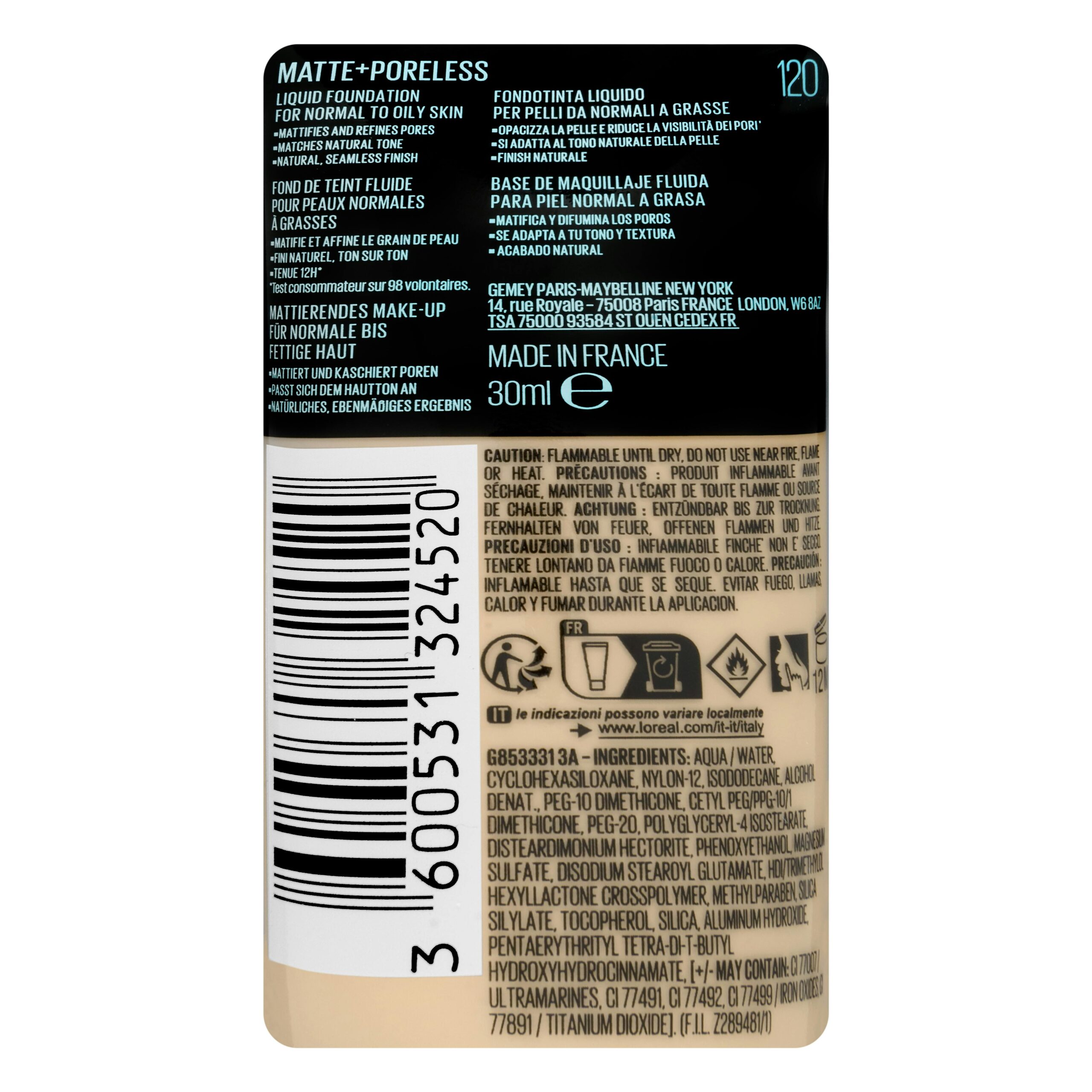 Etiqueta Maquillaje fluido Fit Me Maybelline 120 classic ivory
