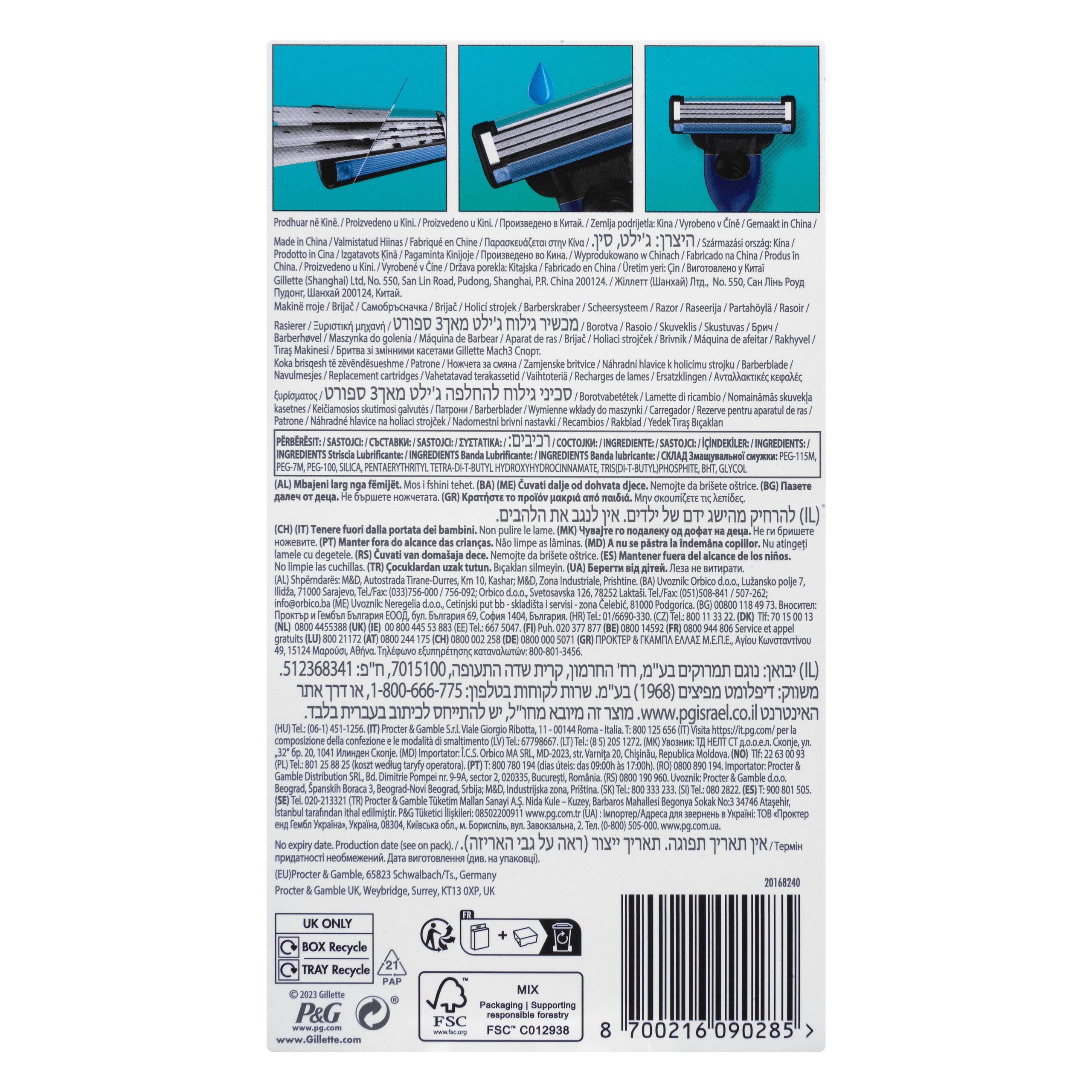 Etiqueta Maquinilla de afeitar recargable Gillette Mach Sport 3 hojas incluye tres recambios