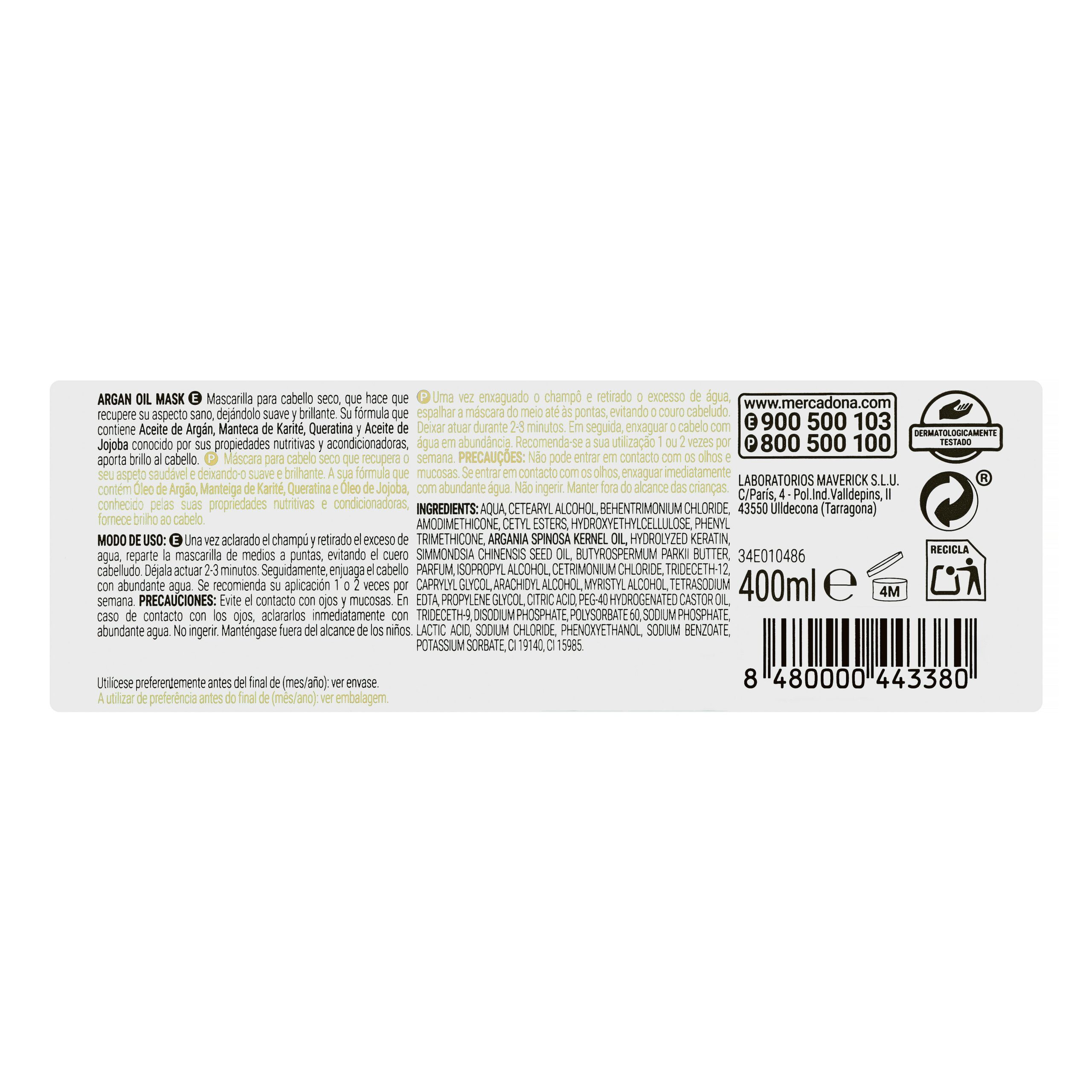 Etiqueta Mascarilla Argan Oil Deliplus cabello seco y dañado