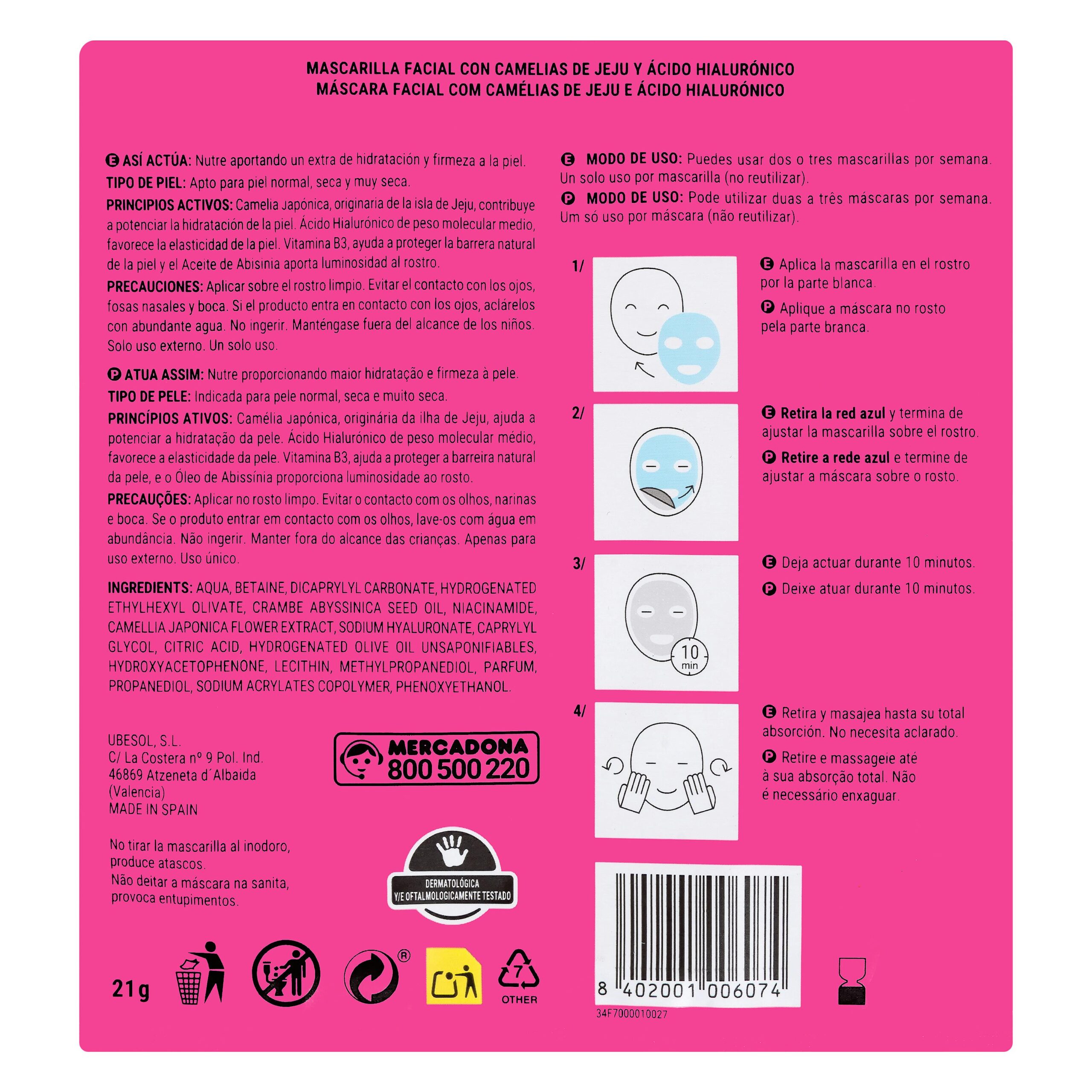 Etiqueta Mascarilla facial Hidra Boom Mask Deliplus con Camelias de Jeju y ácido hialurónico