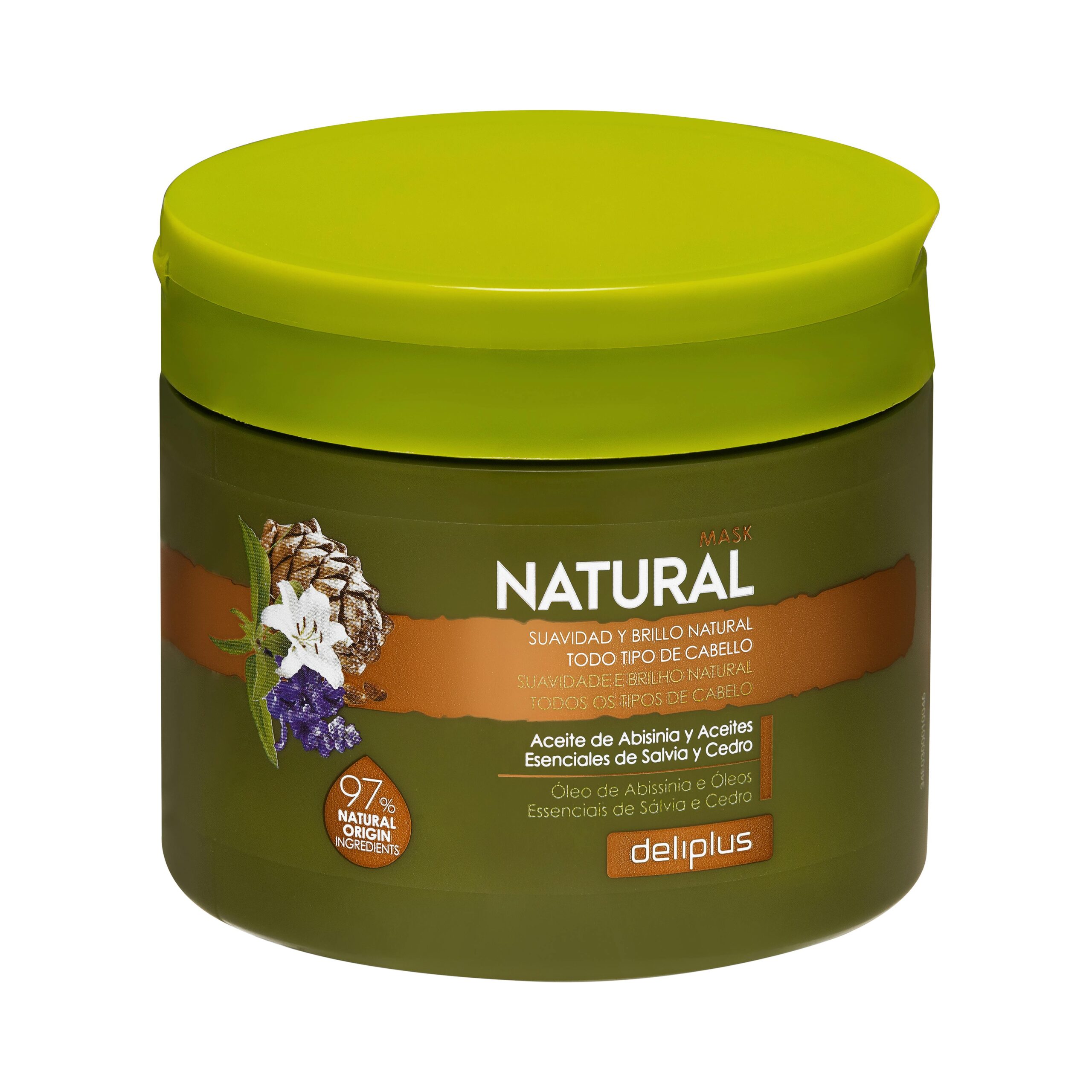 Mascarilla Natural Deliplus todo tipo de cabello con aceite de abisinia y aceites esenciales de salvia y cedro 97% origen natural Mercadona