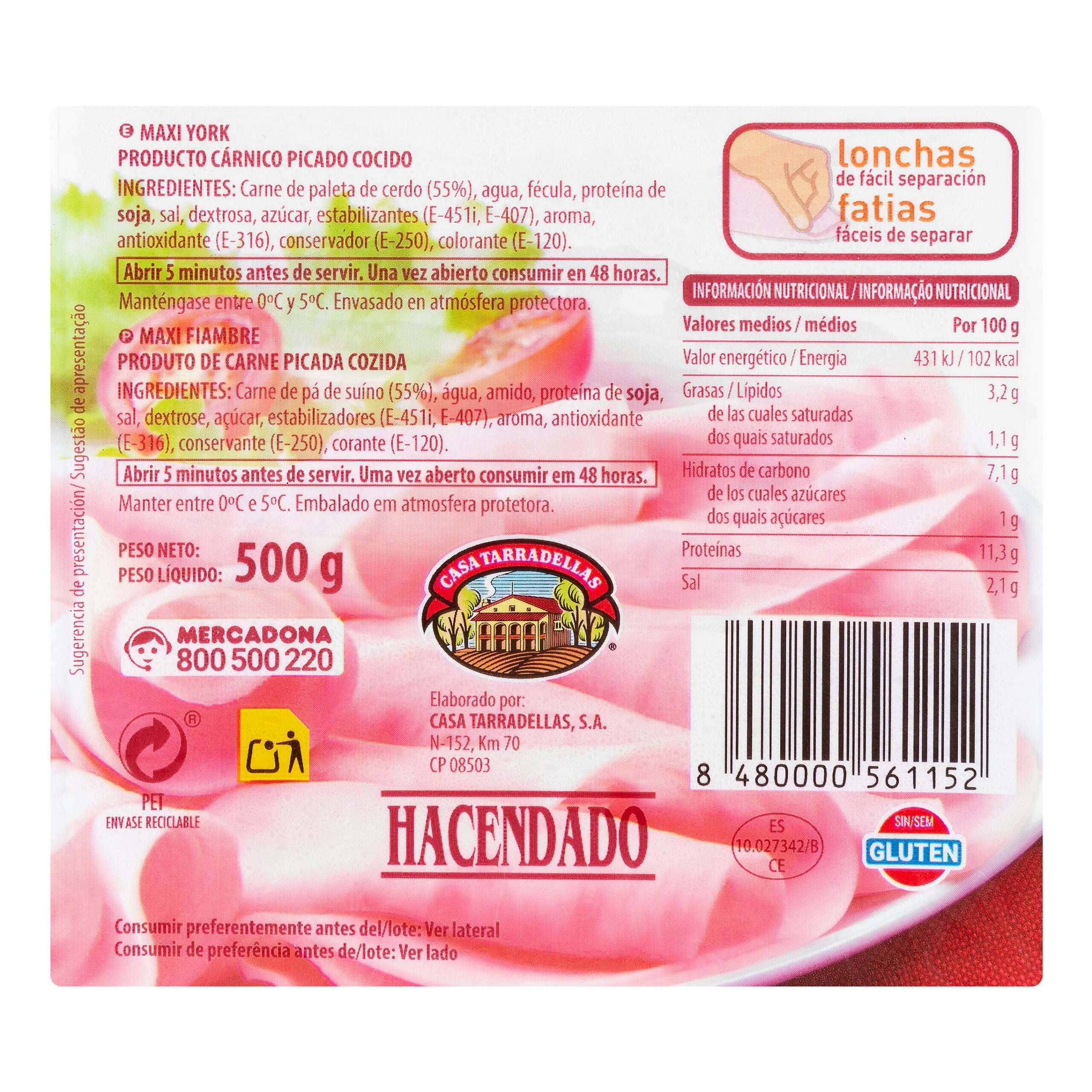 Etiqueta Maxi york Hacendado finas lonchas