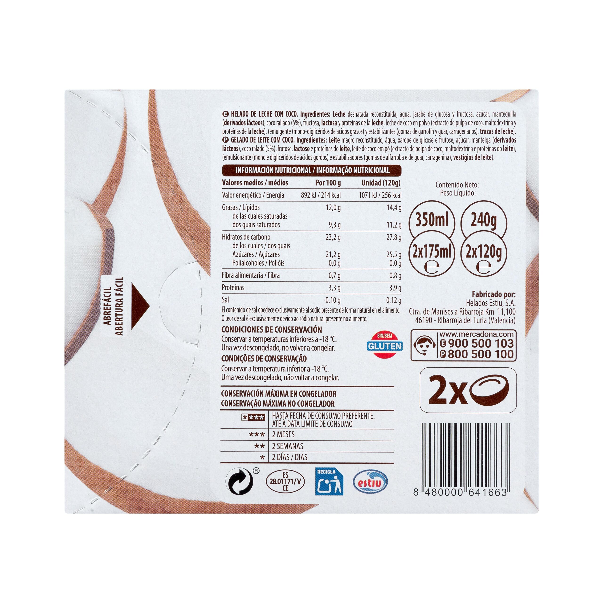 Etiqueta Medios cocos helados Hacendado