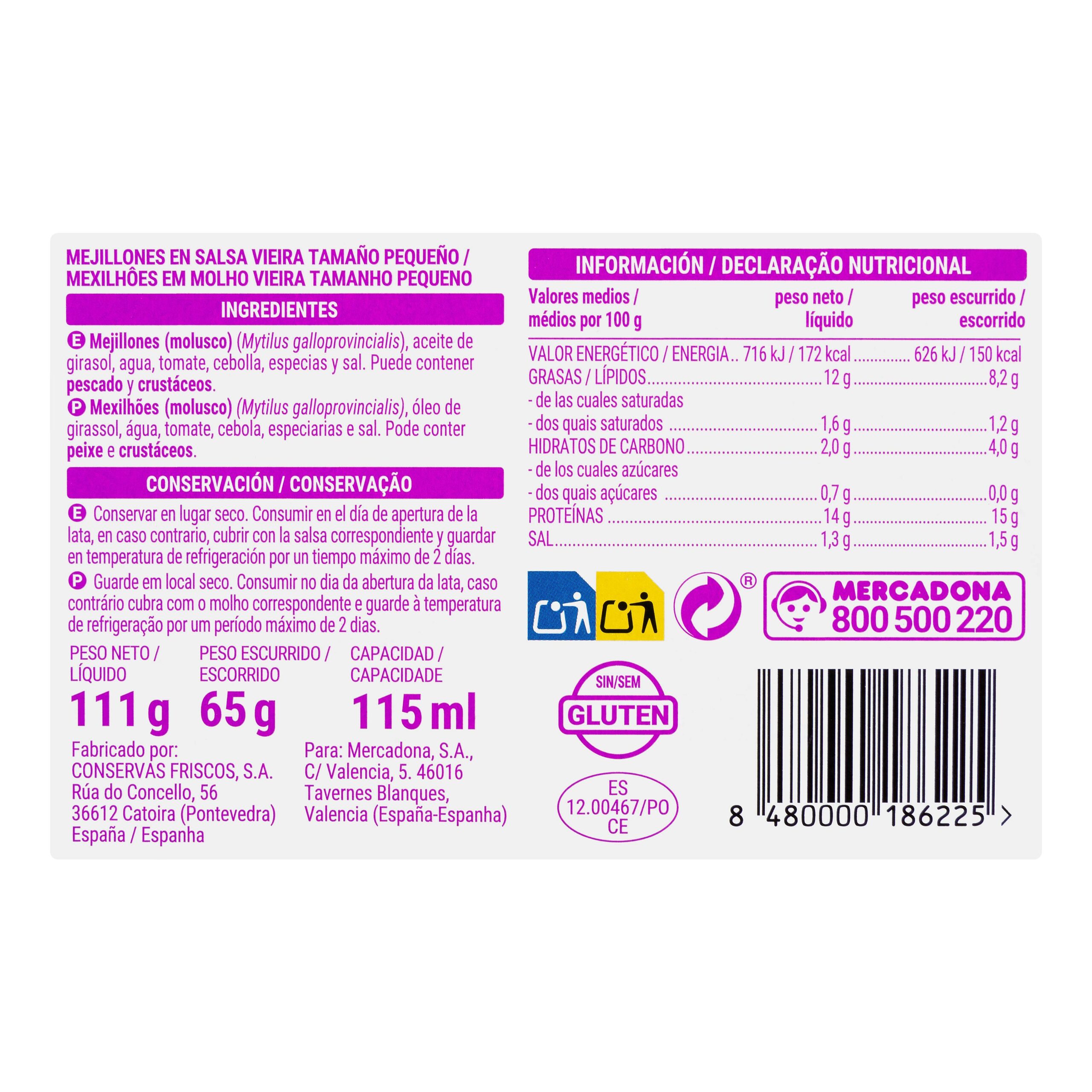 Etiqueta Mejillones en salsa de vieira Hacendado pequeños 13-18 piezas